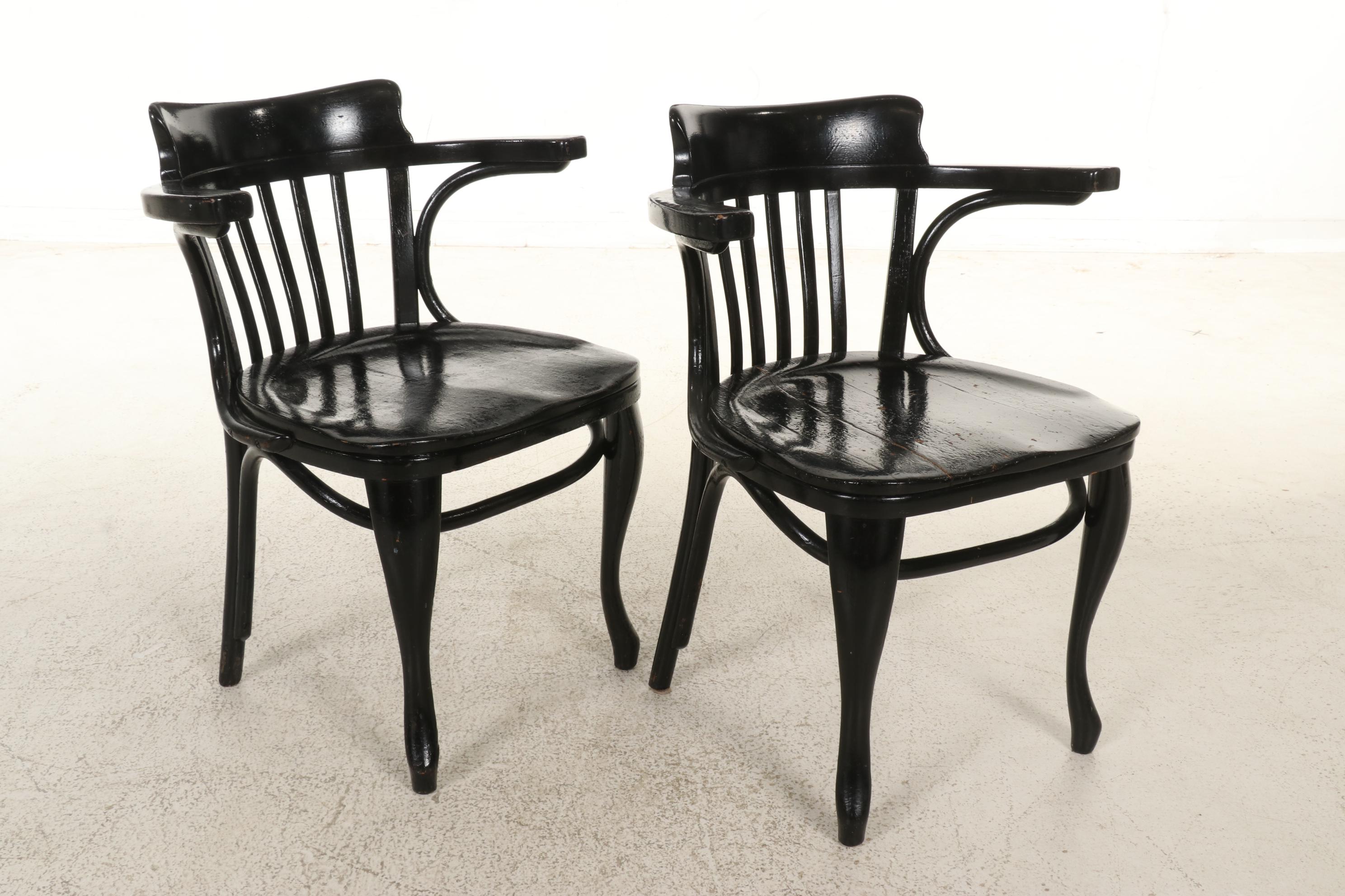Pair of Ebonized Wooden Armchairs and Wooden Side Table