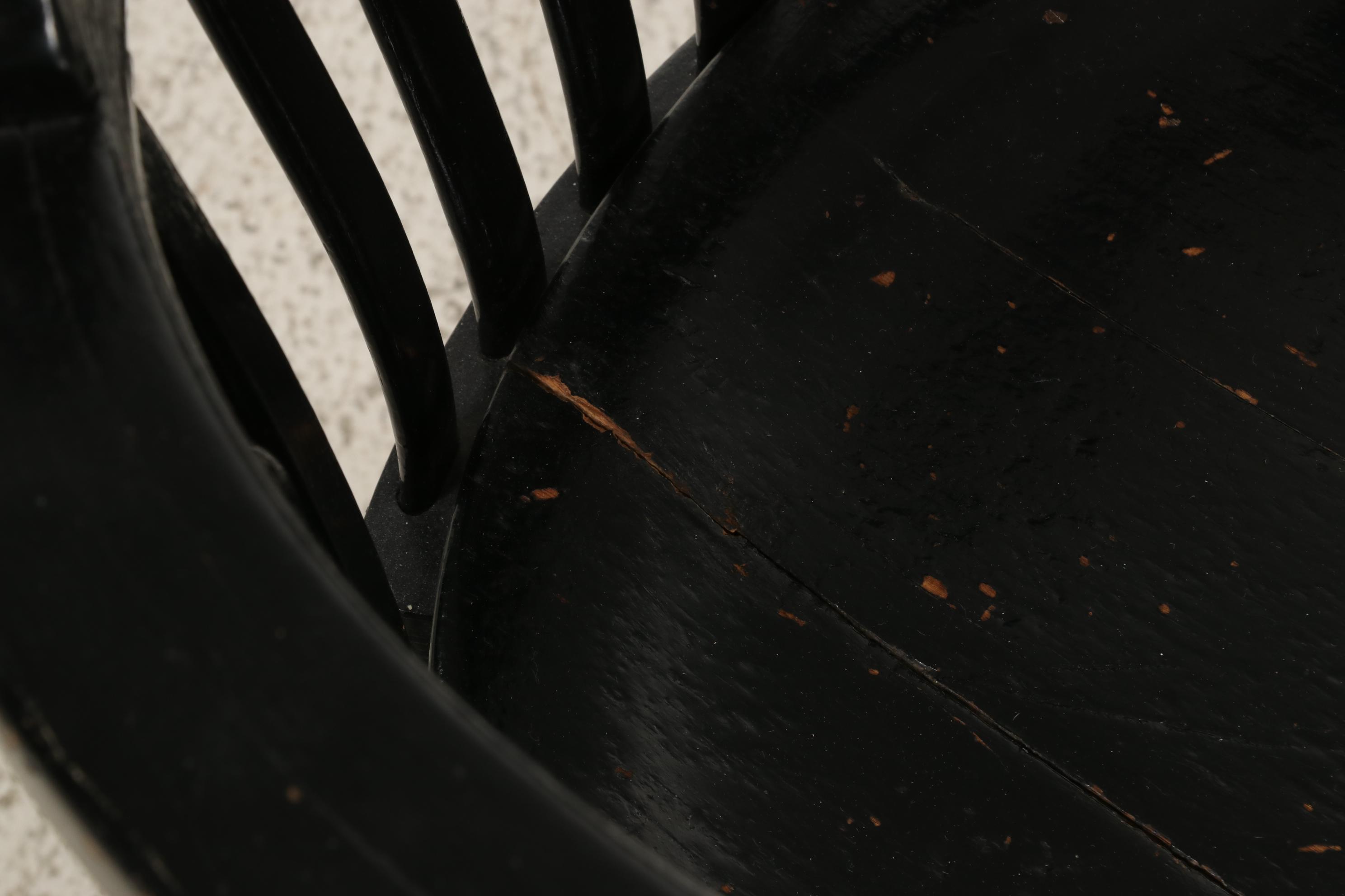 Pair of Ebonized Wooden Armchairs and Wooden Side Table