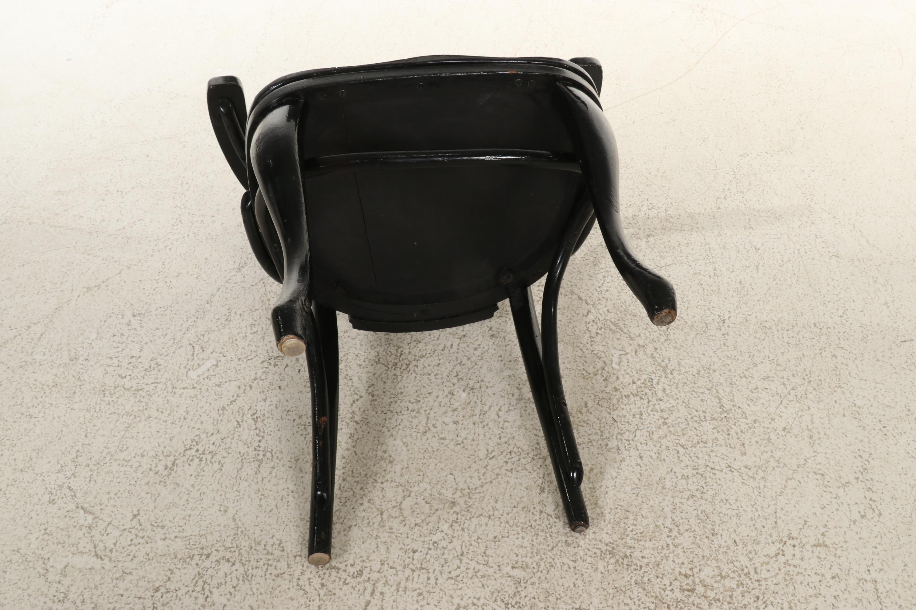 Pair of Ebonized Wooden Armchairs and Wooden Side Table