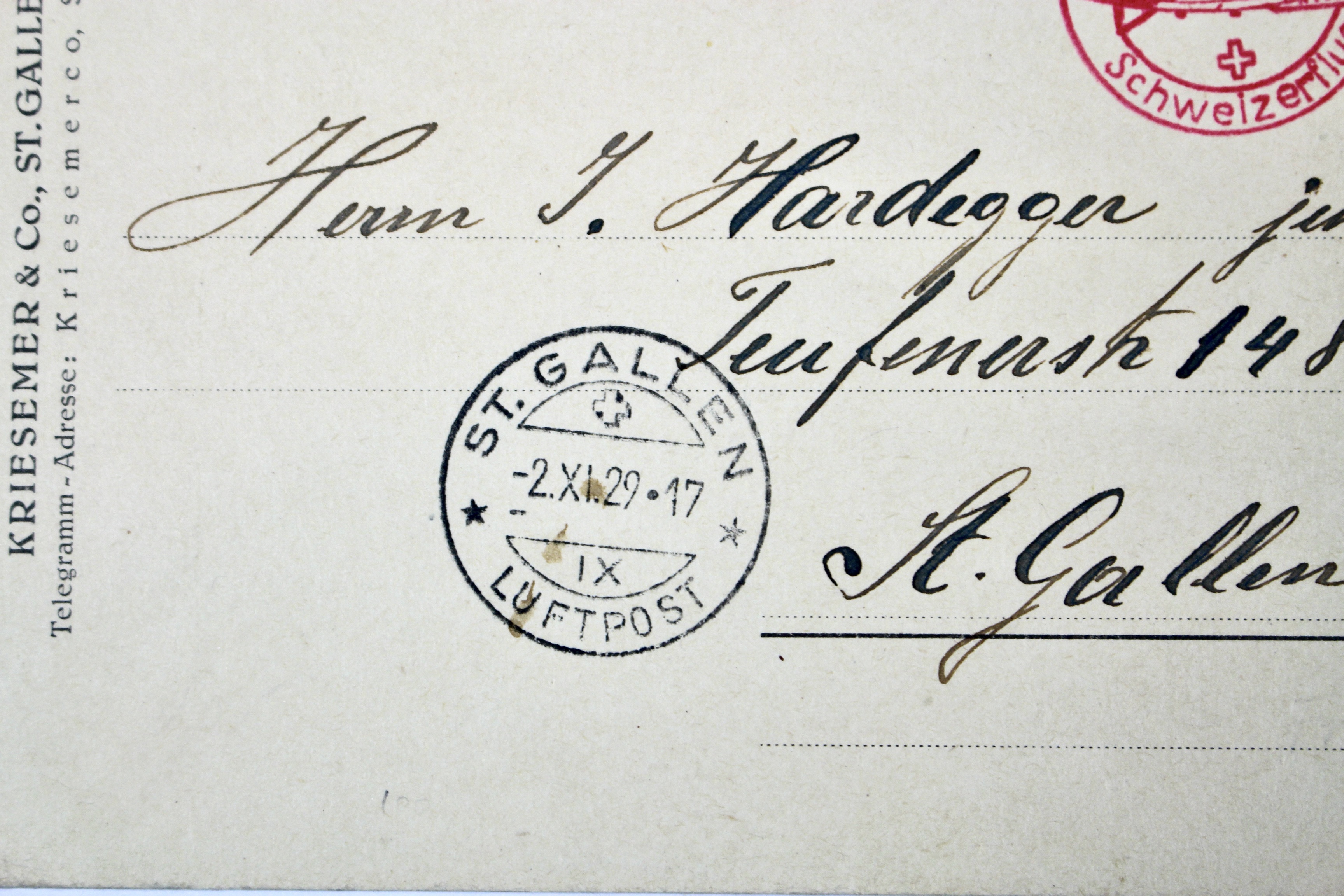 Kriesemer & Co. Swiss Zeppelin Postcard, 1929