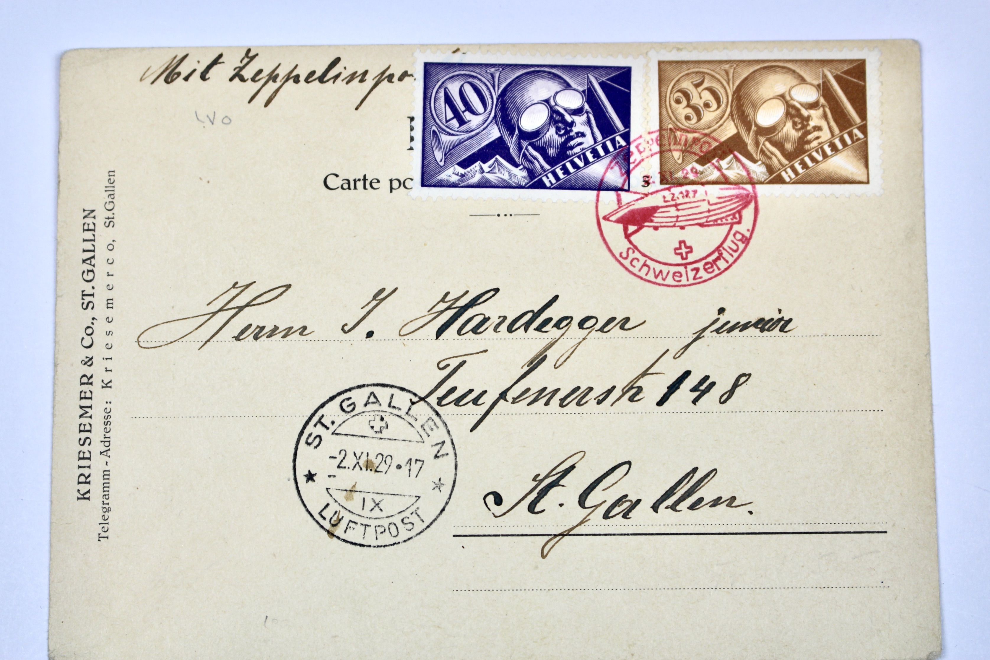 Kriesemer & Co. Swiss Zeppelin Postcard, 1929