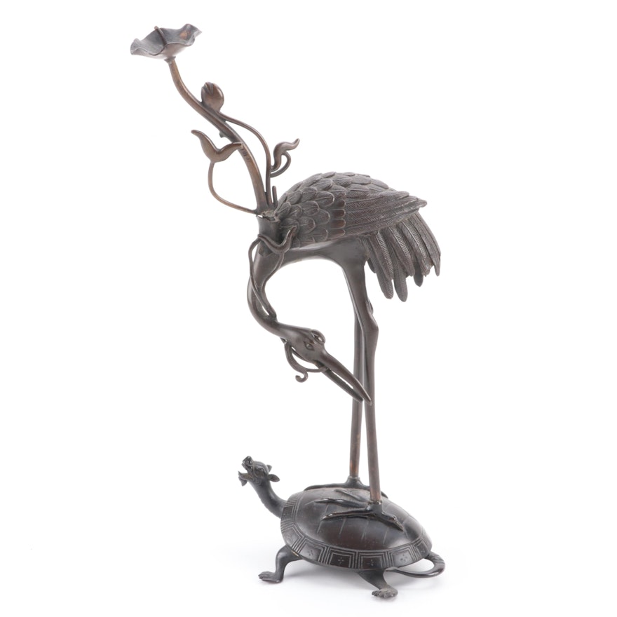 Japanese Bronze Allegorical Crane and Turtle Candle Holder