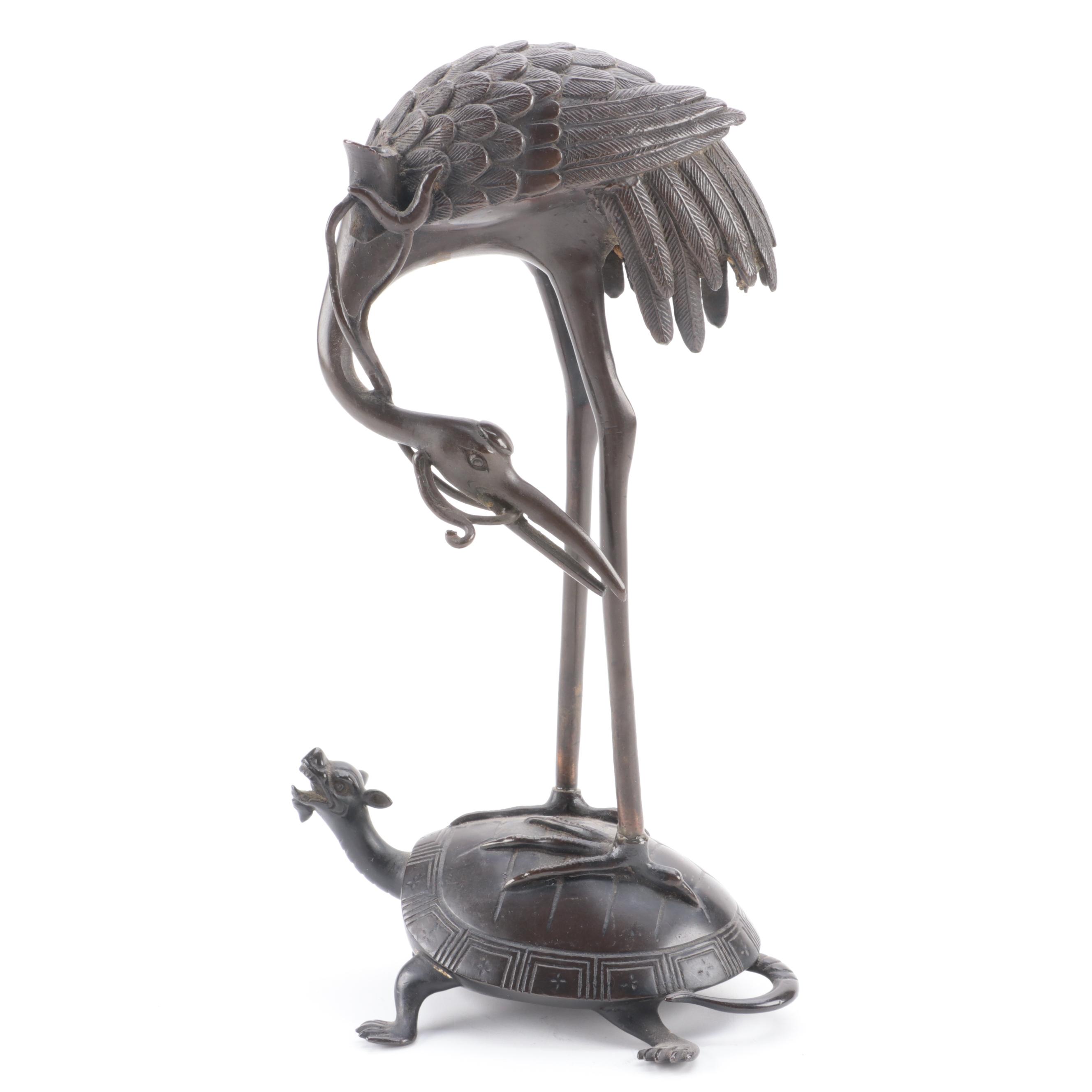Japanese Bronze Allegorical Crane and Turtle Candle Holder