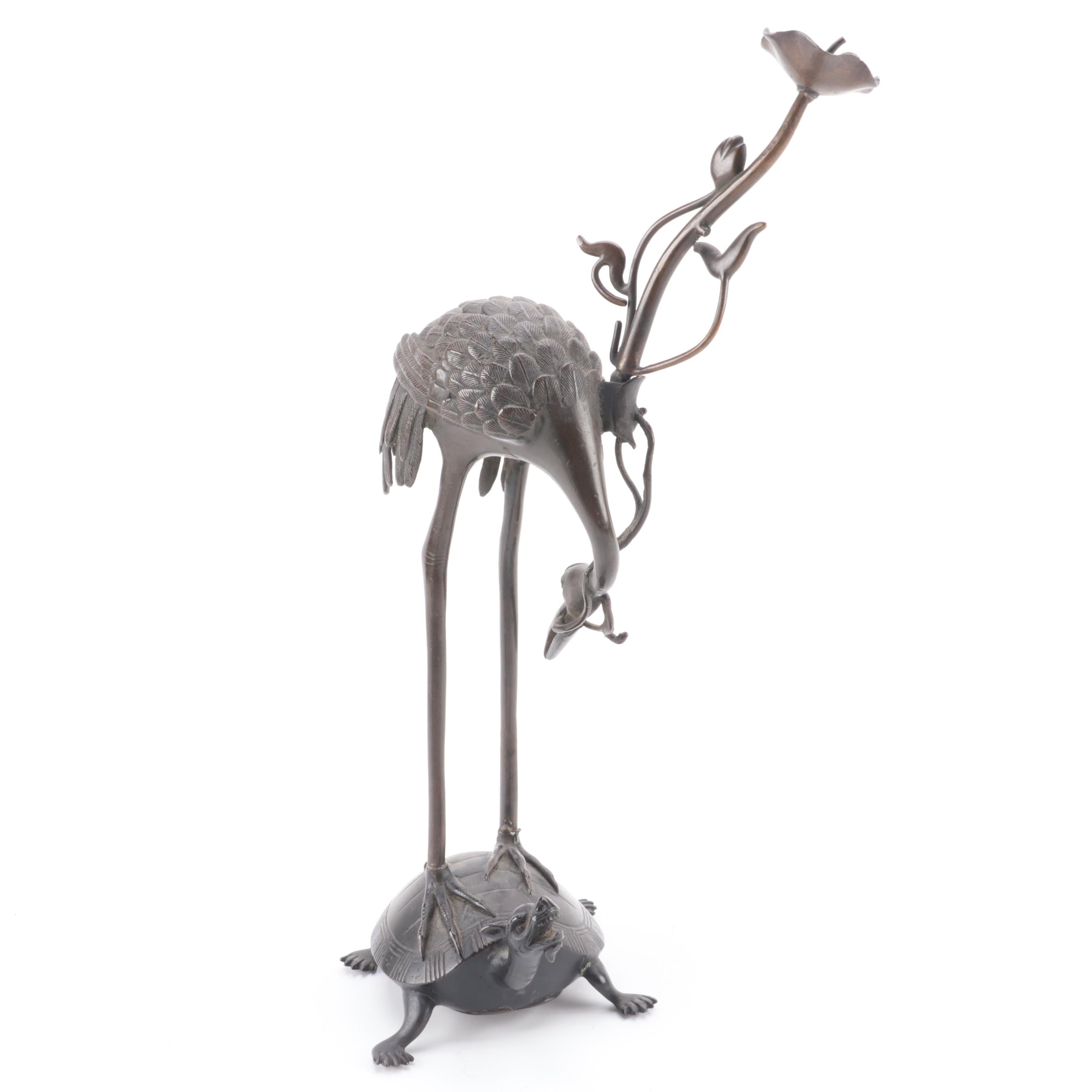 Japanese Bronze Allegorical Crane and Turtle Candle Holder