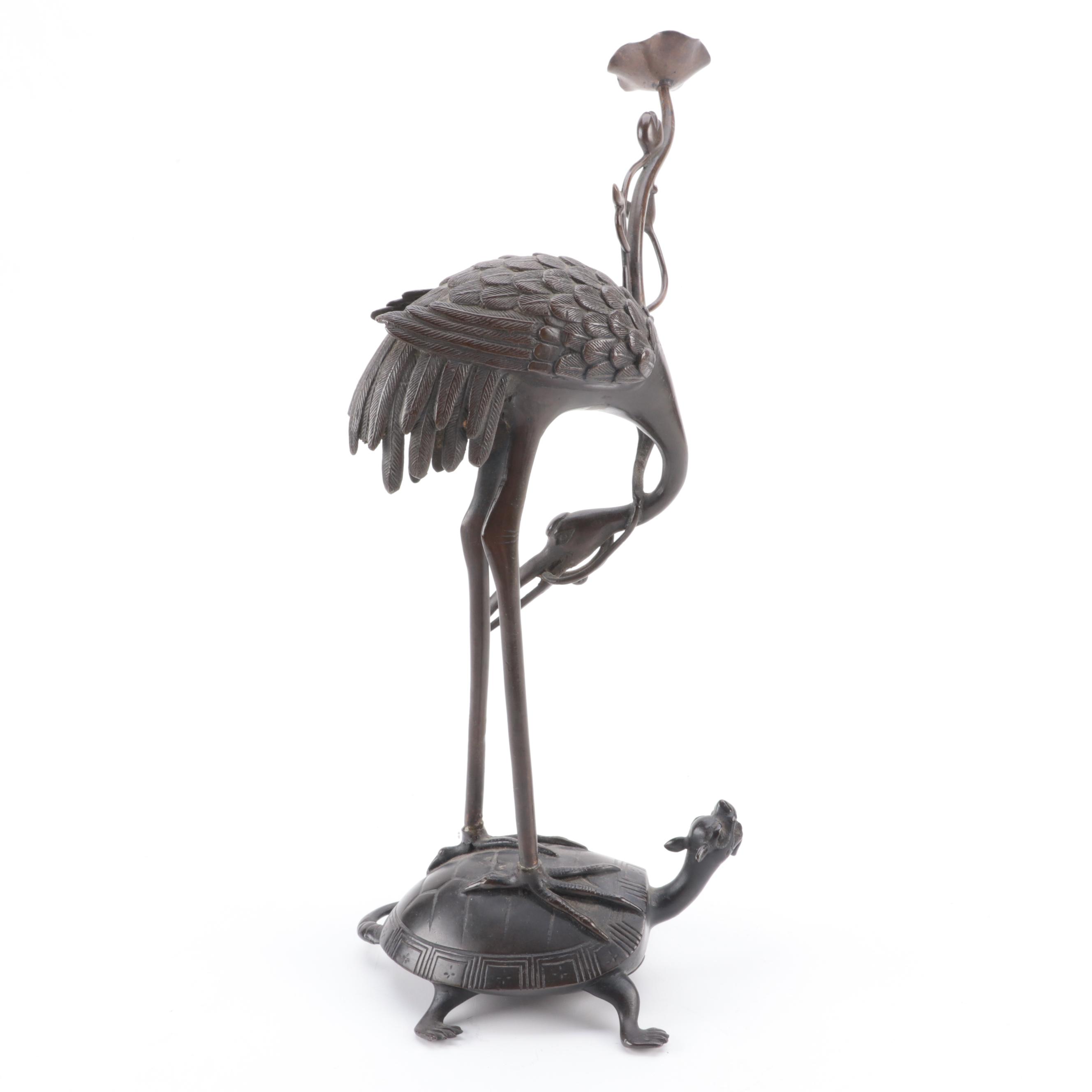 Japanese Bronze Allegorical Crane and Turtle Candle Holder