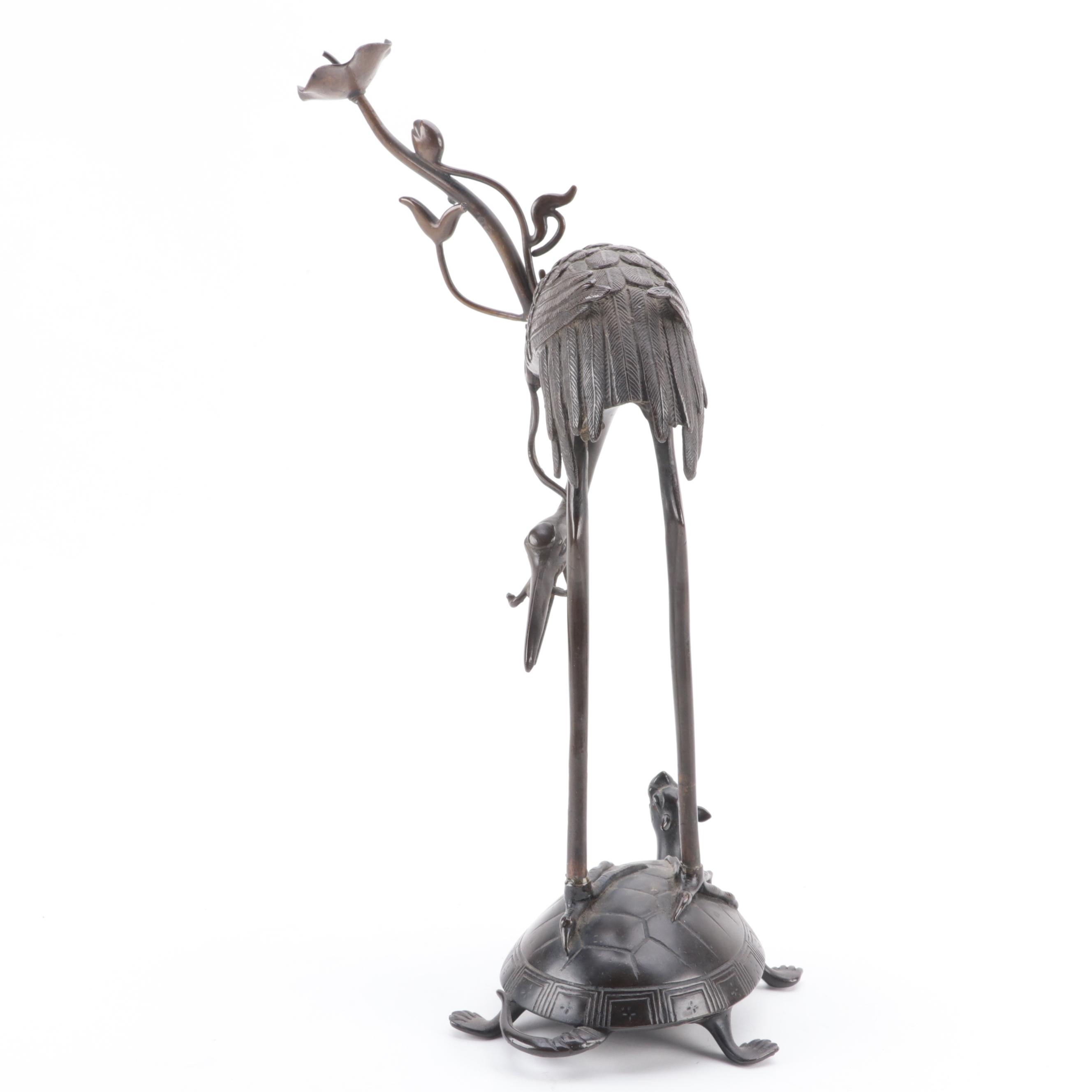 Japanese Bronze Allegorical Crane and Turtle Candle Holder