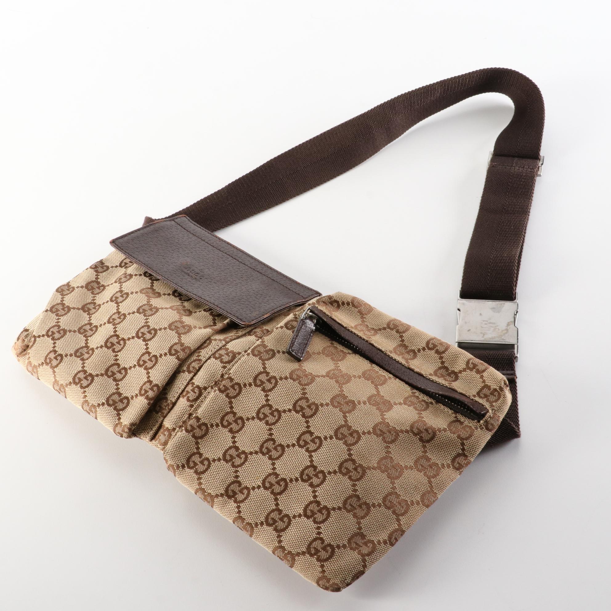 Gucci Belt Bag in GG Canvas and Brown Cinghiale Leather