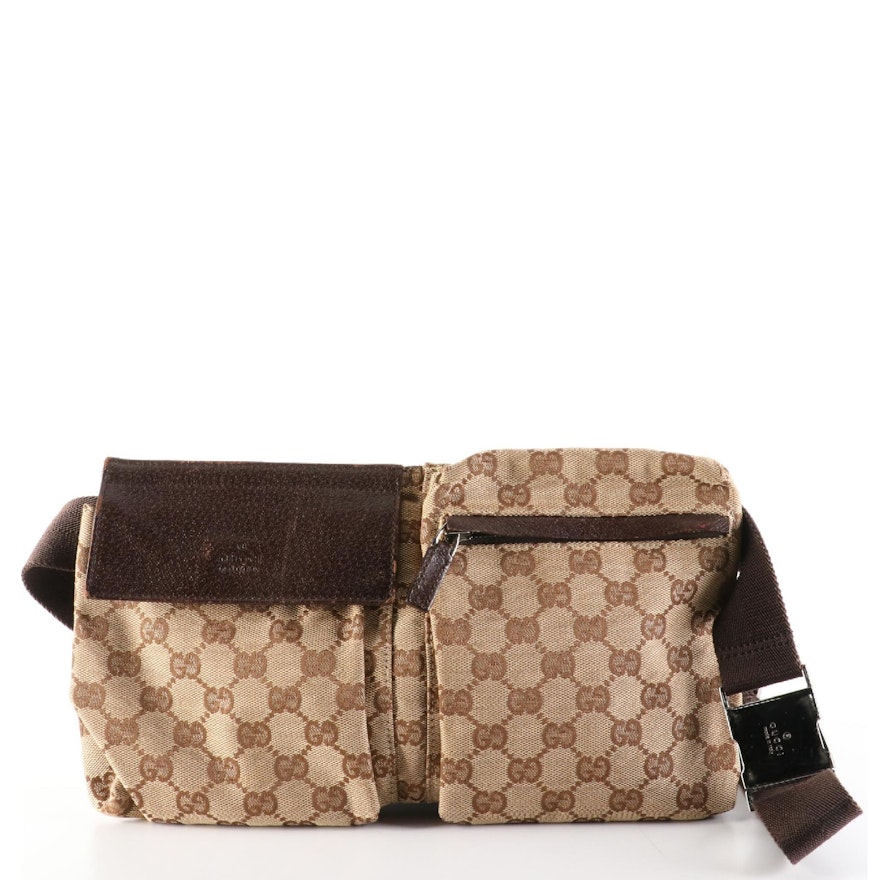 Gucci Belt Bag in GG Canvas and Brown Cinghiale Leather