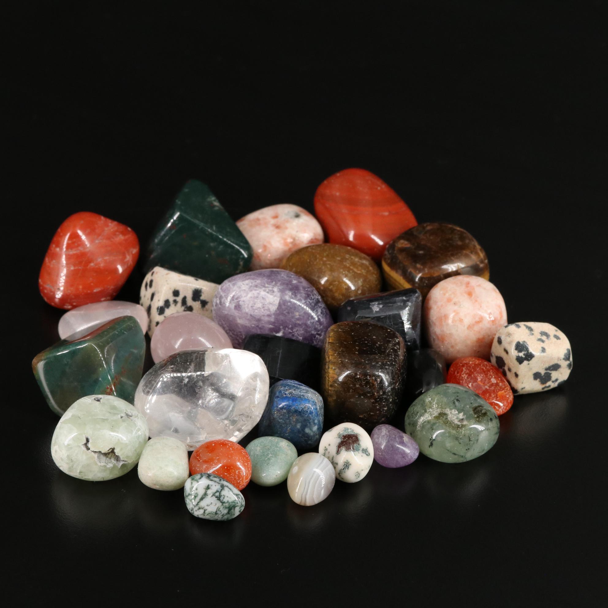 Polished Tiger's Eye, Bloodstone, and Dalmation Jasper Lot