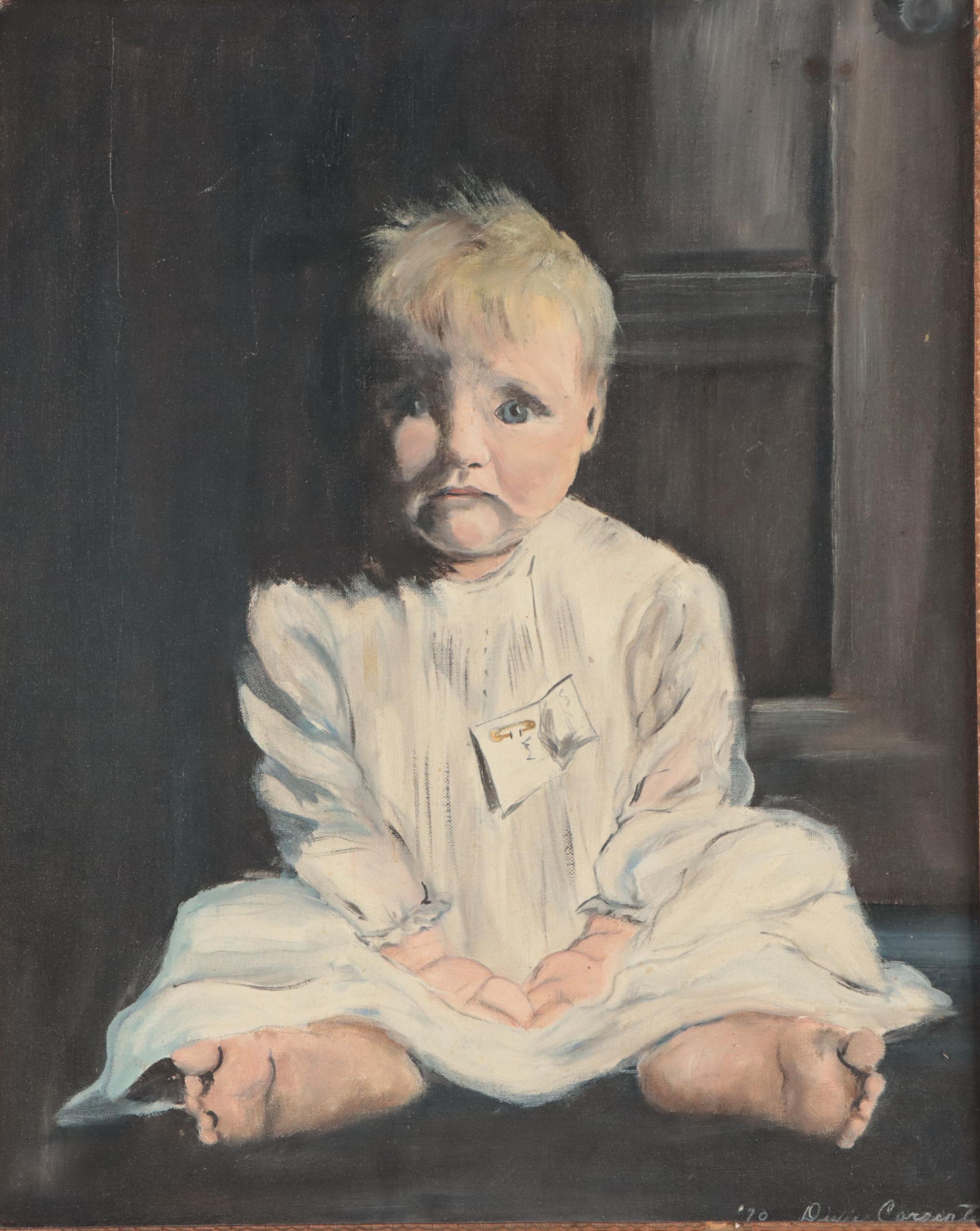 Dixie Carpenter Oil Painting of a Baby Portrait, 1970