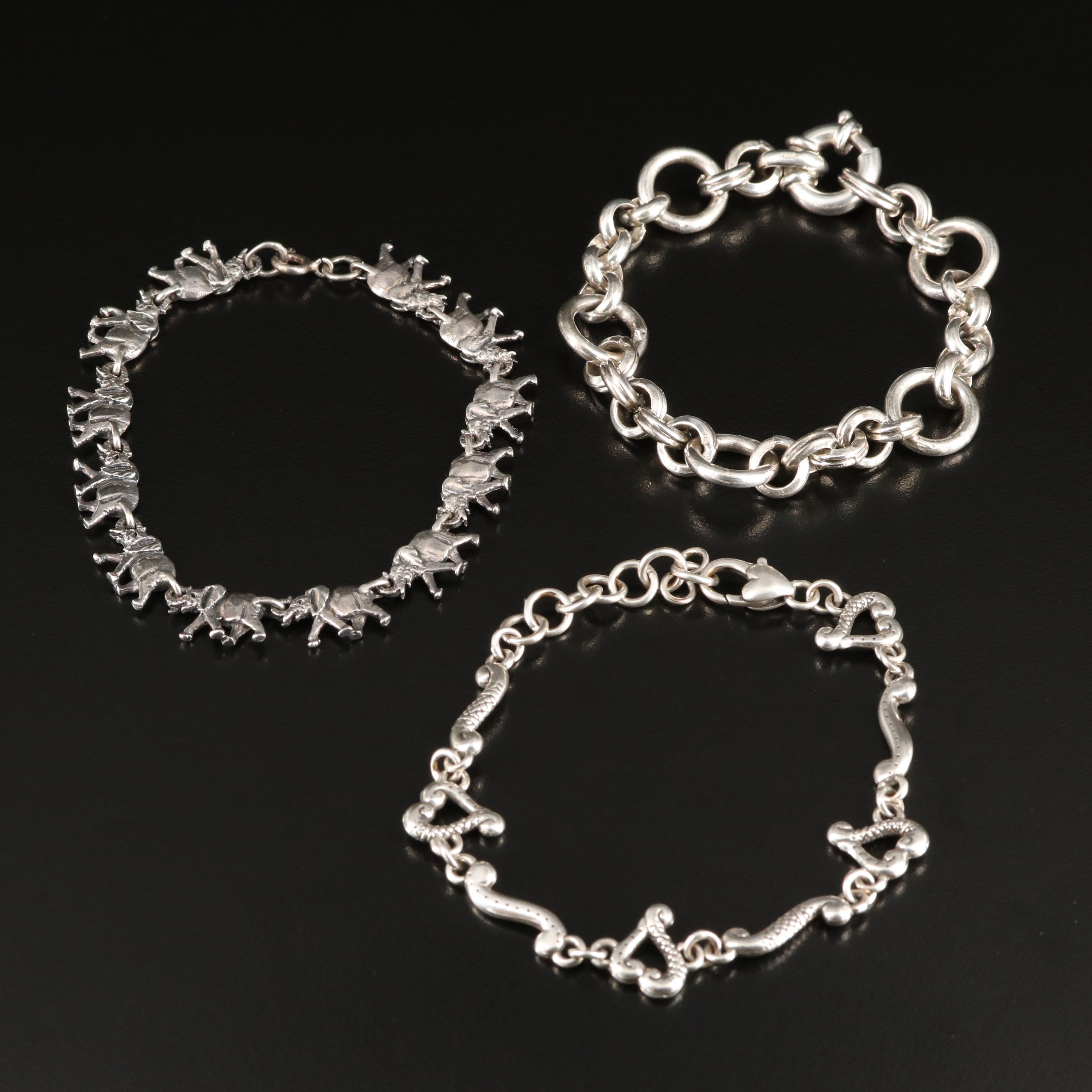 Sterling Elephant and Fancy Rolo Chain Bracelets with Heart Link Bracelet