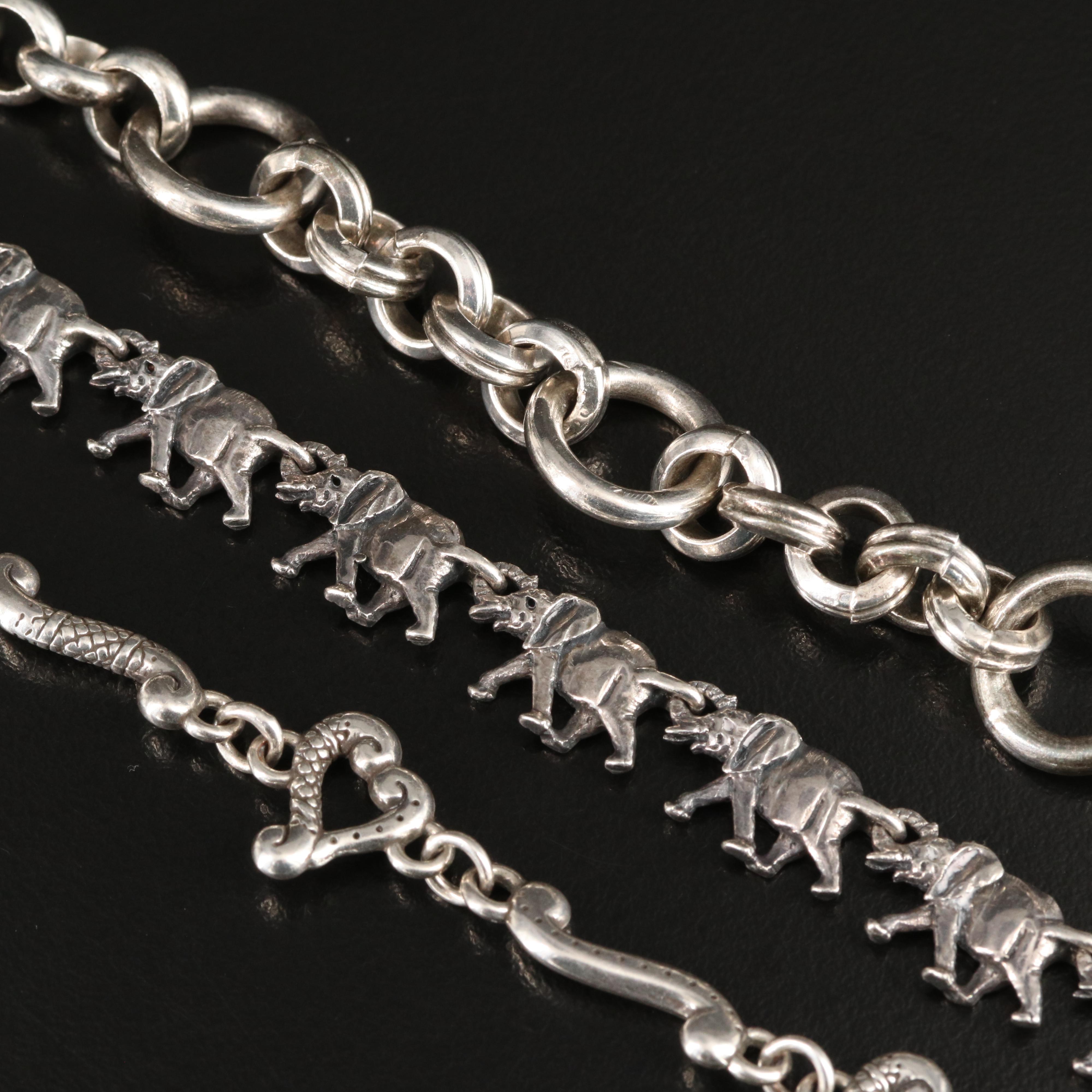 Sterling Elephant and Fancy Rolo Chain Bracelets with Heart Link Bracelet