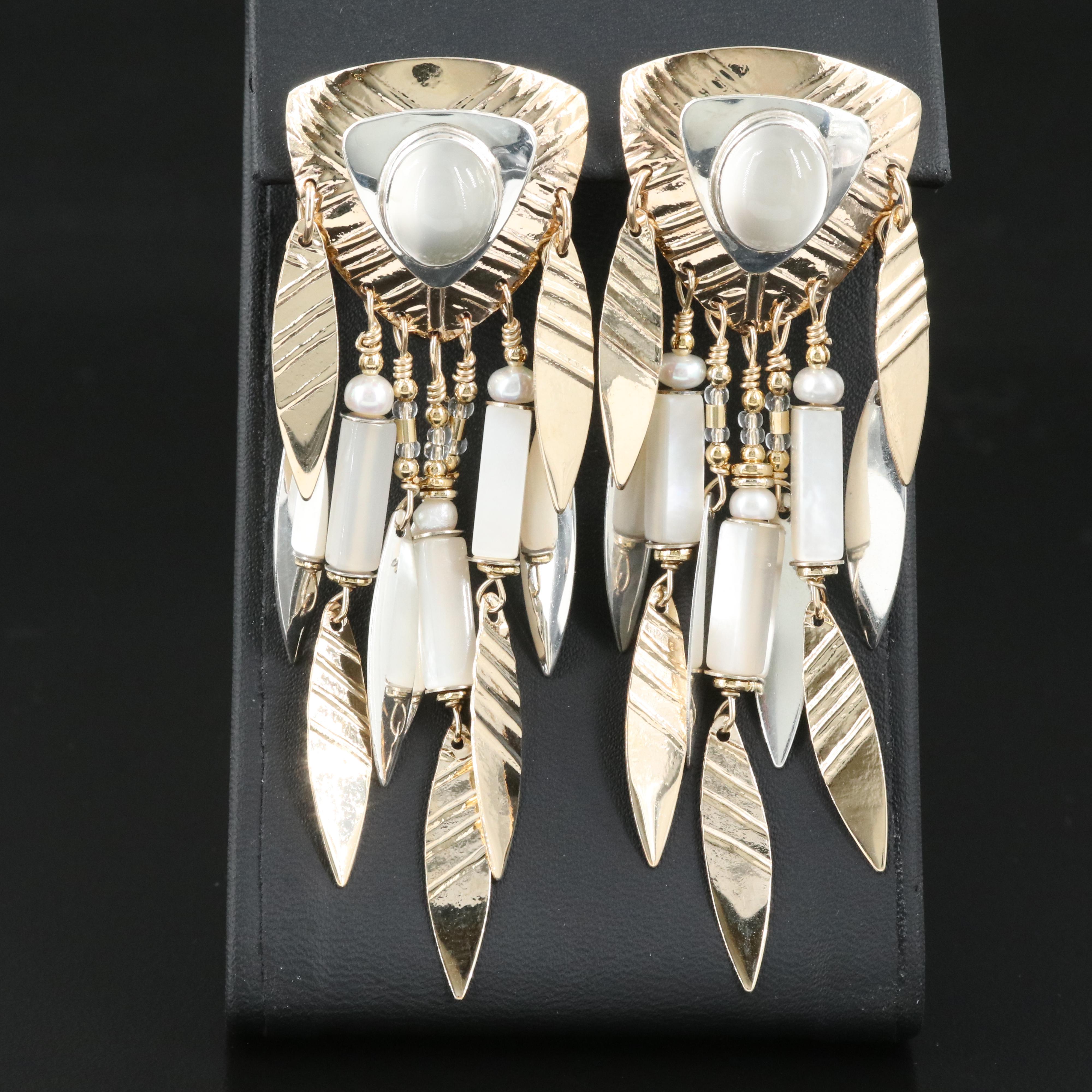 Tabra Earrings Including Cat's Eye Moonstone, Mother-of-Pearl, Sterling and 14K