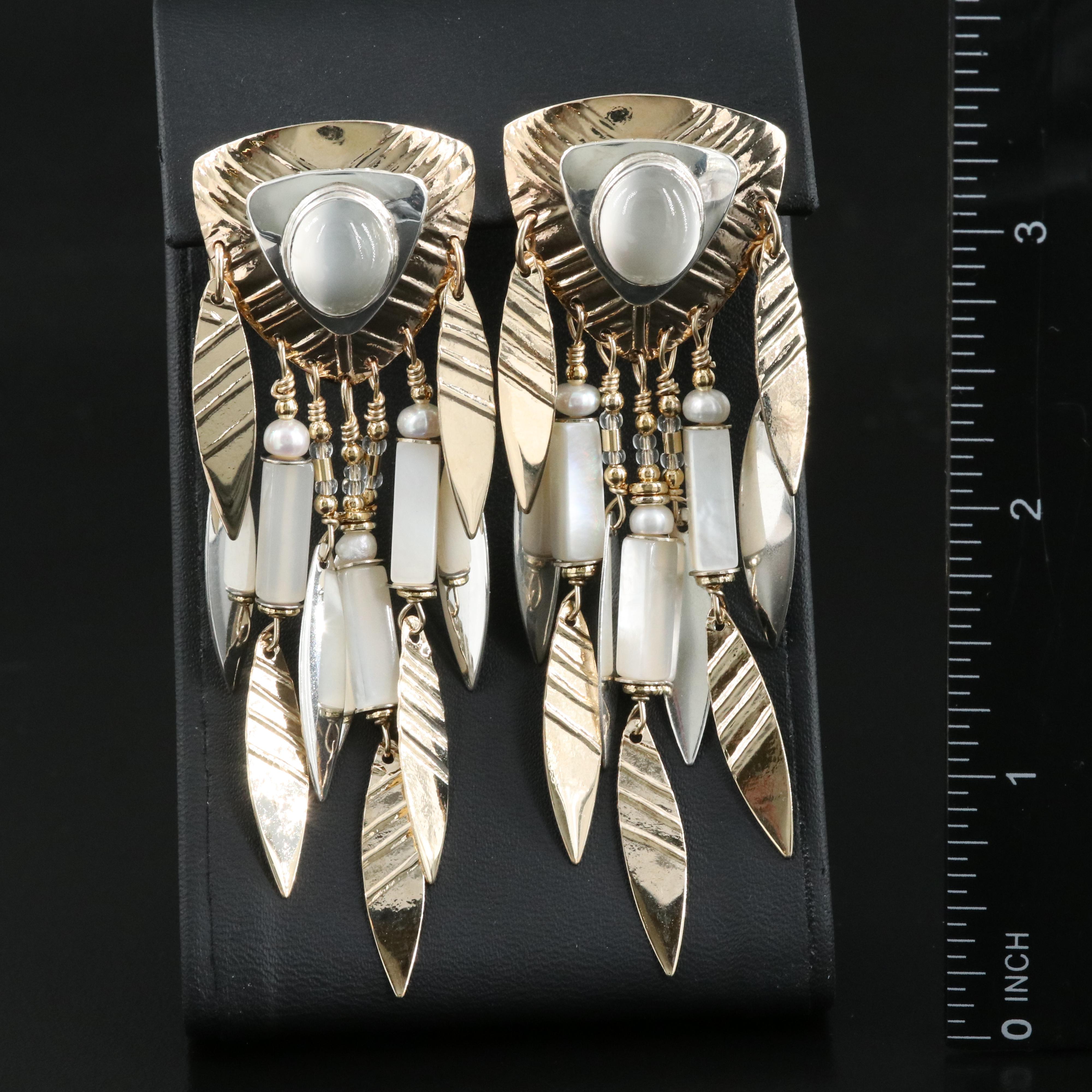 Tabra Earrings Including Cat's Eye Moonstone, Mother-of-Pearl, Sterling and 14K