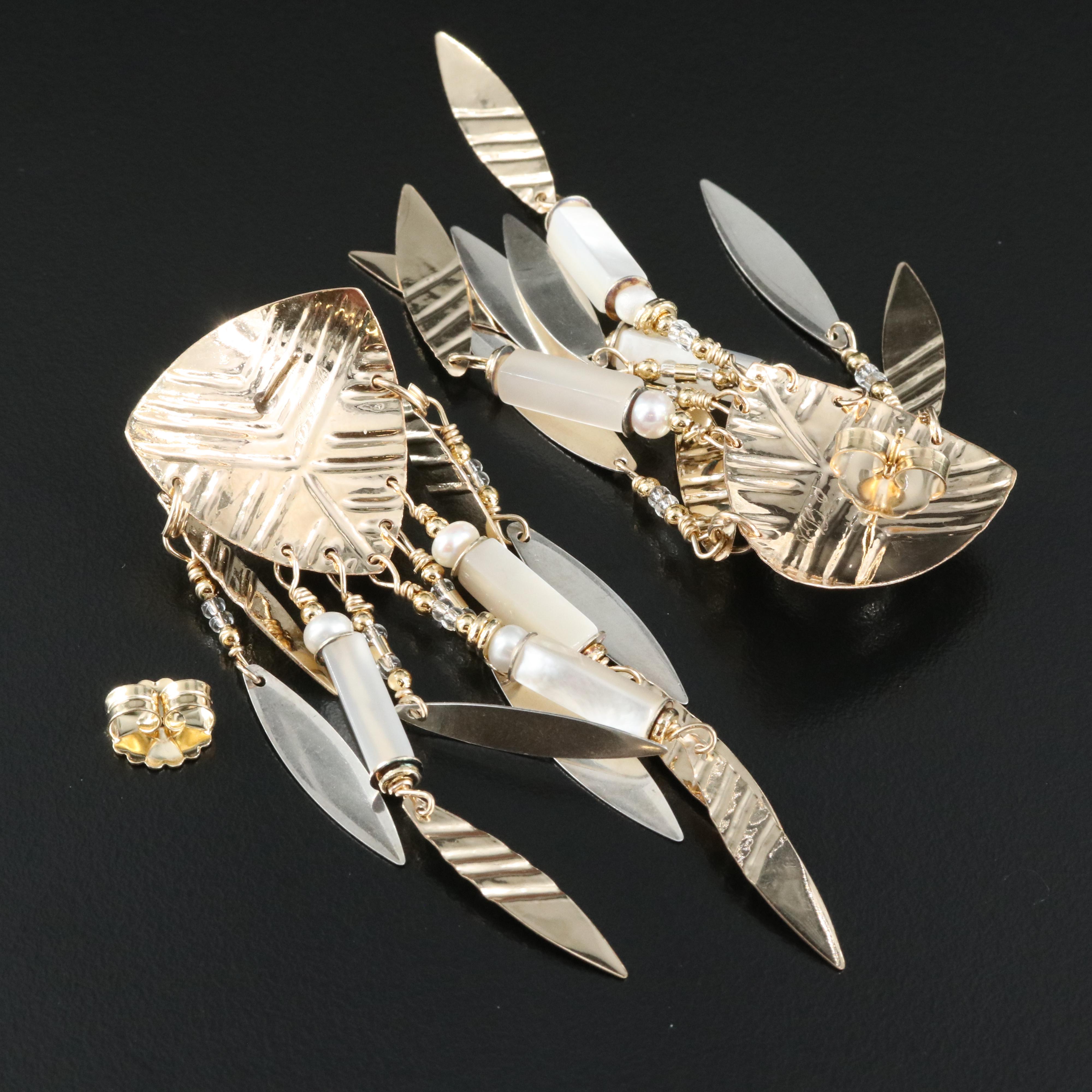 Tabra Earrings Including Cat's Eye Moonstone, Mother-of-Pearl, Sterling and 14K