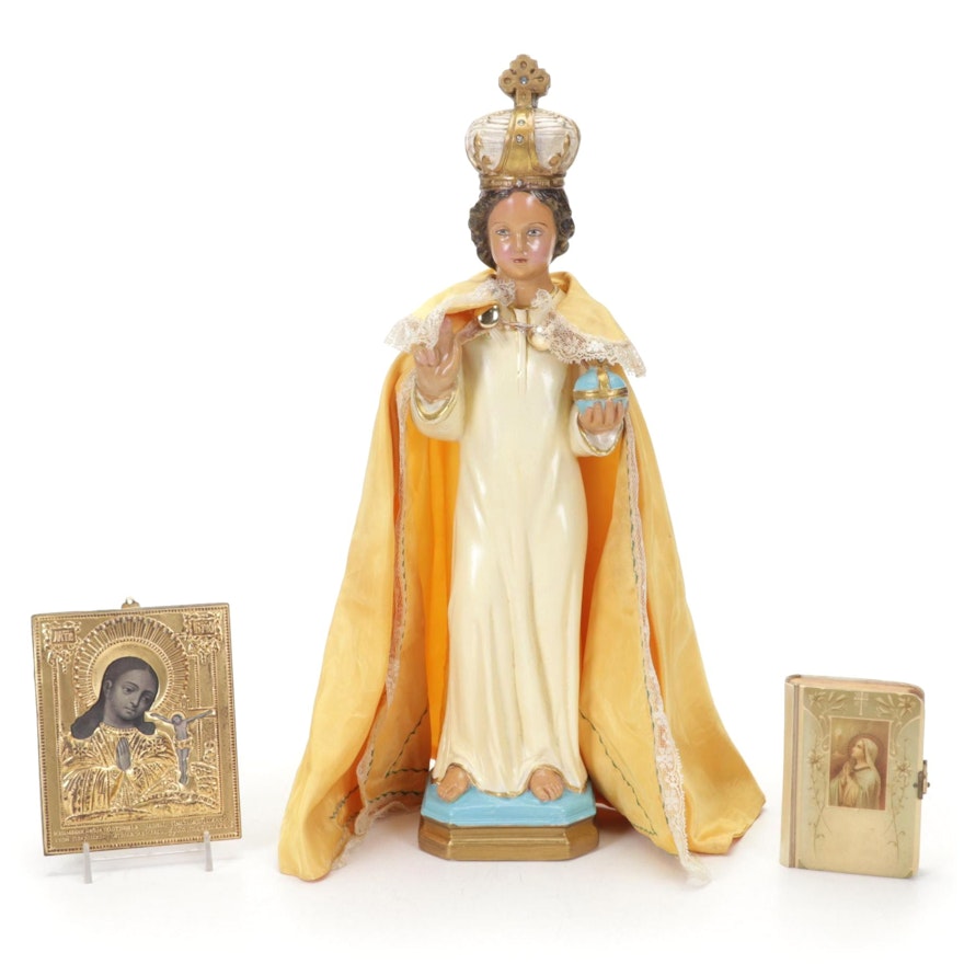 Chalkware Infant of Prague with Communicants Manual and Russian Icon