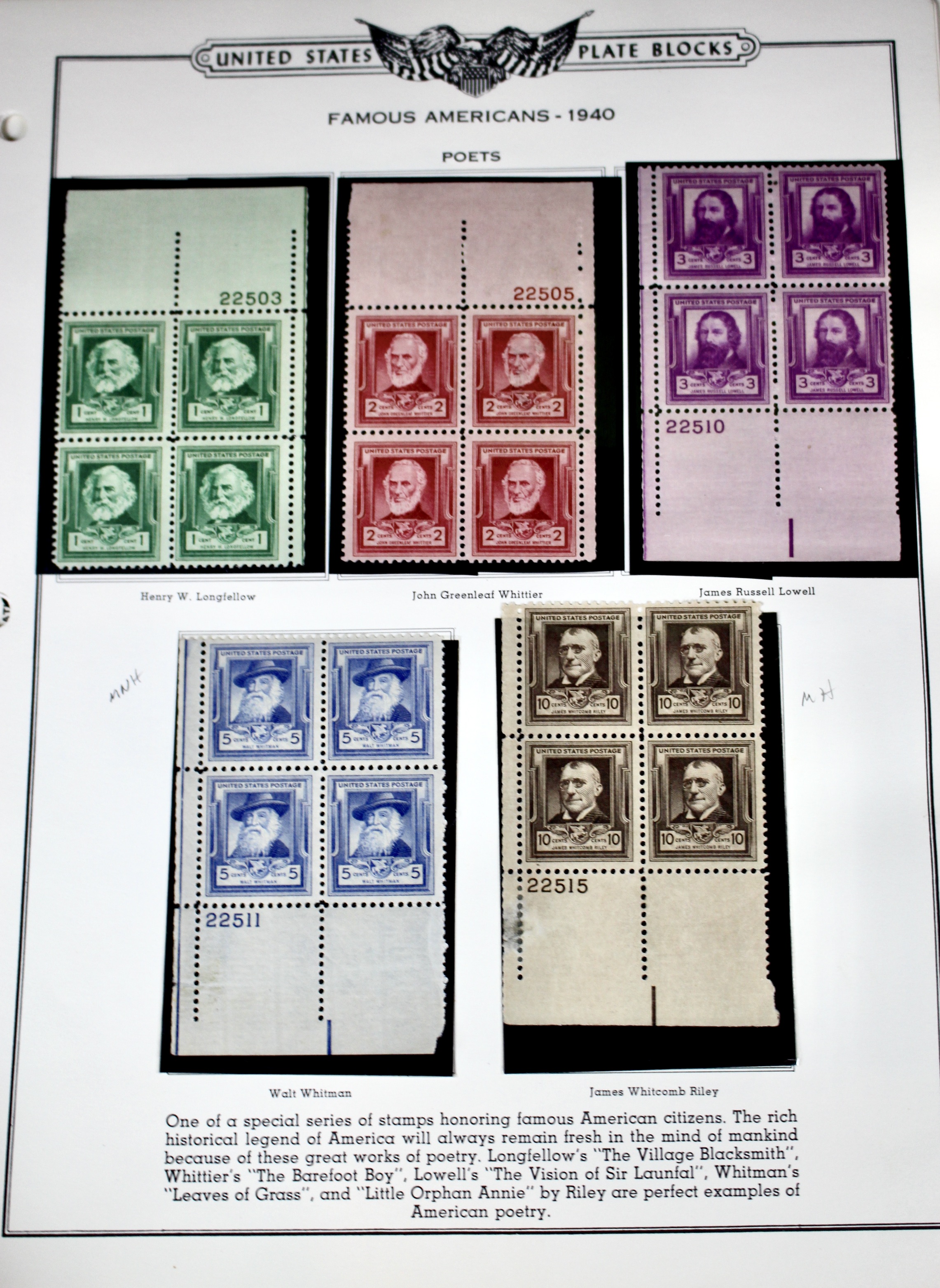 Famous American Plate Block Stamp Set