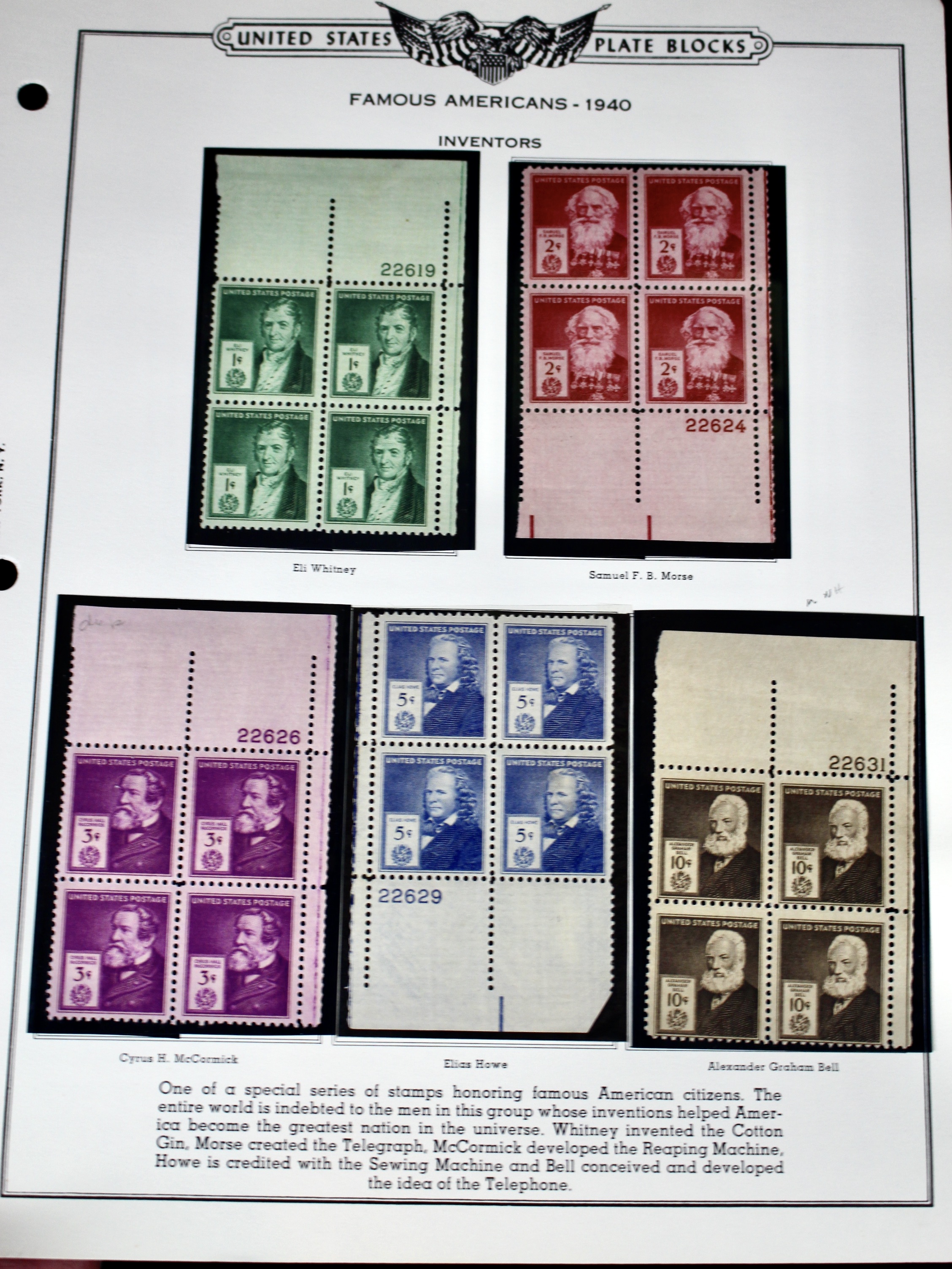 Famous American Plate Block Stamp Set