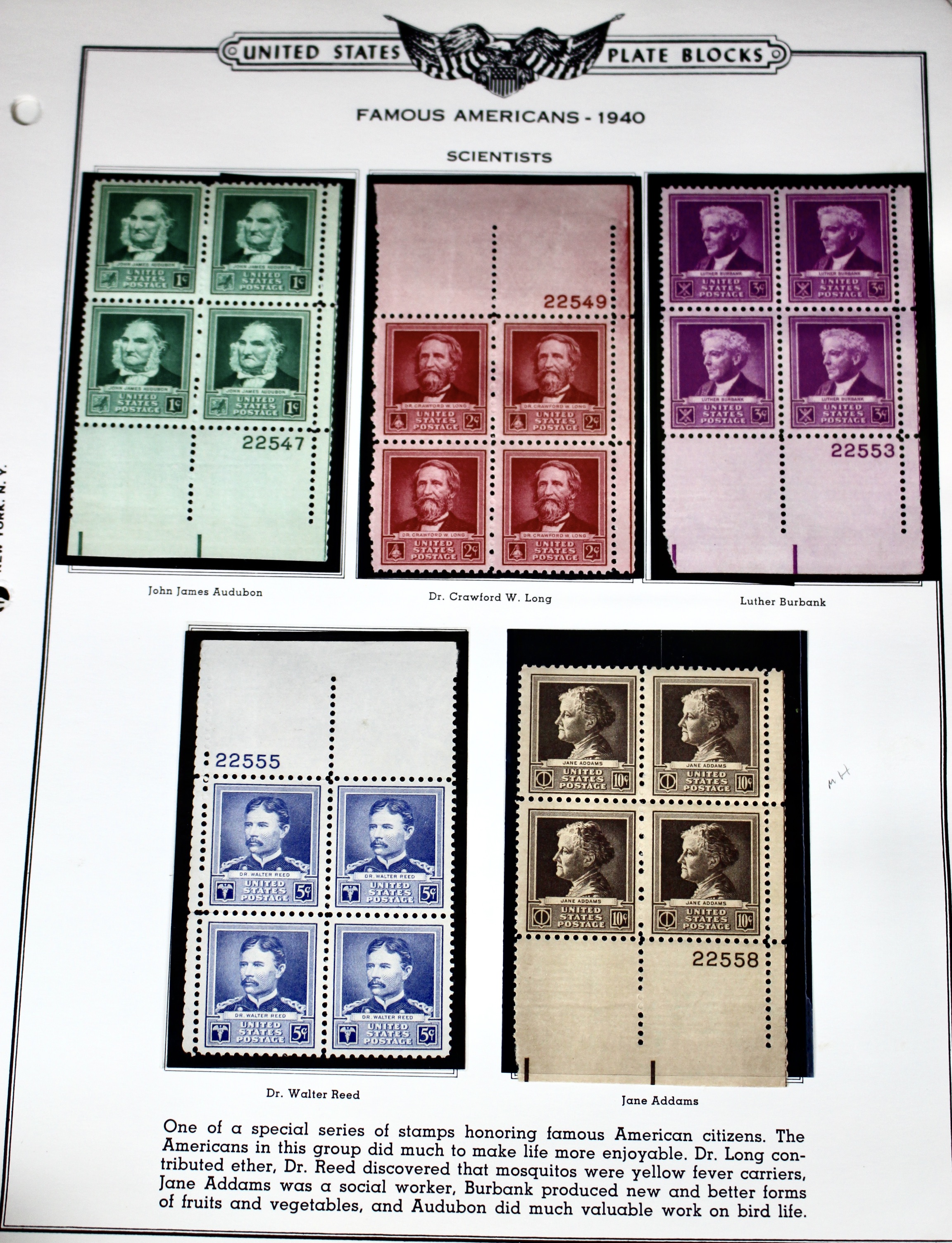 Famous American Plate Block Stamp Set