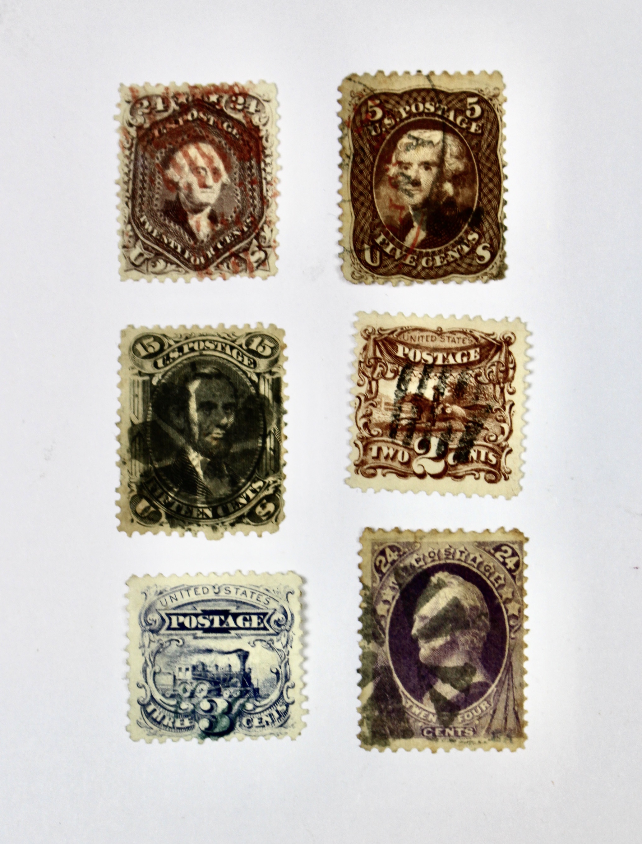 Six Early Used U.S. Postage Stamps