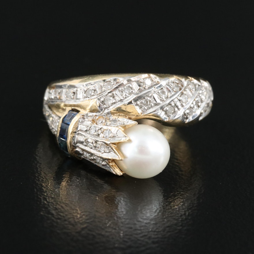 14K Pearl, Diamond and Sapphire Ring