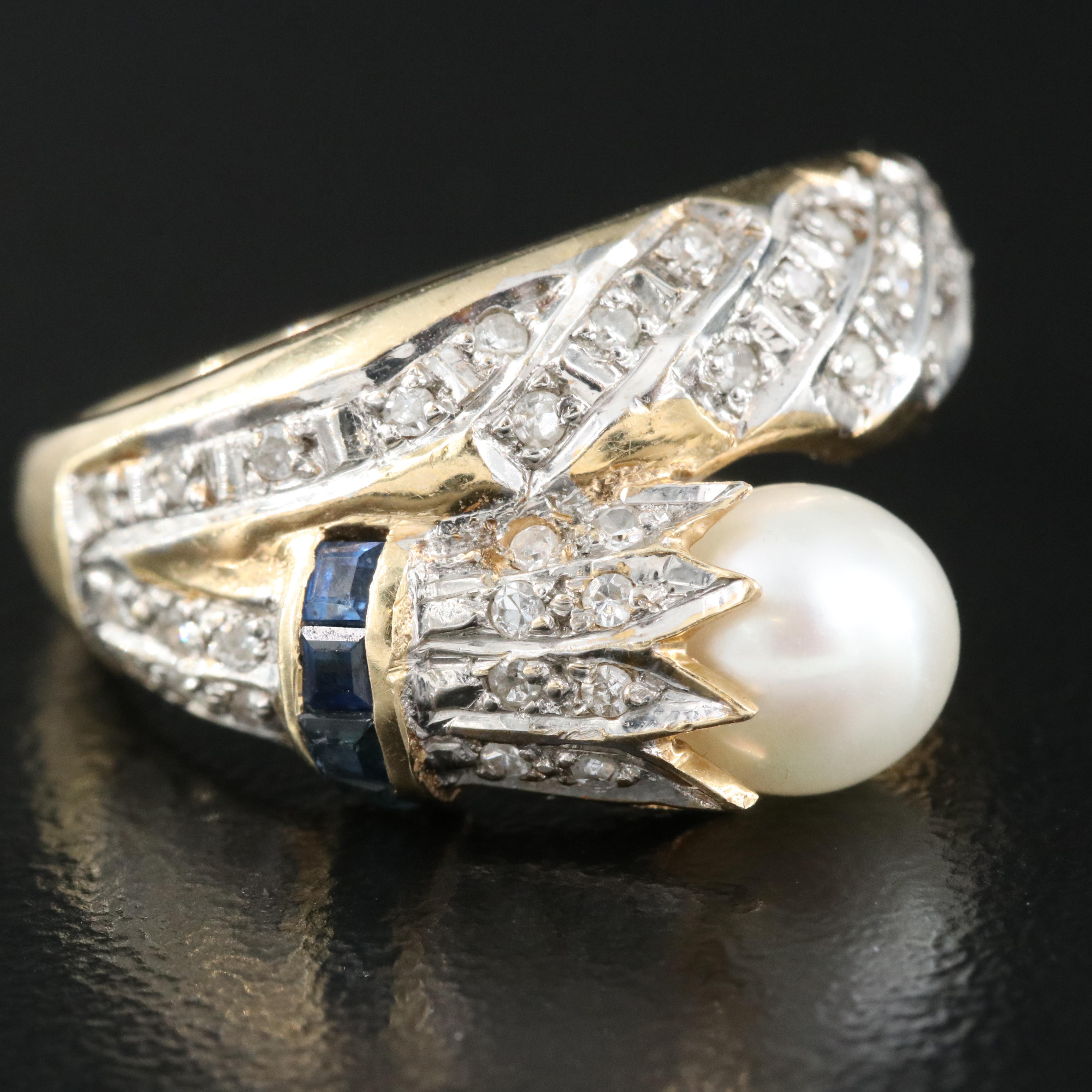 14K Pearl, Diamond and Sapphire Ring
