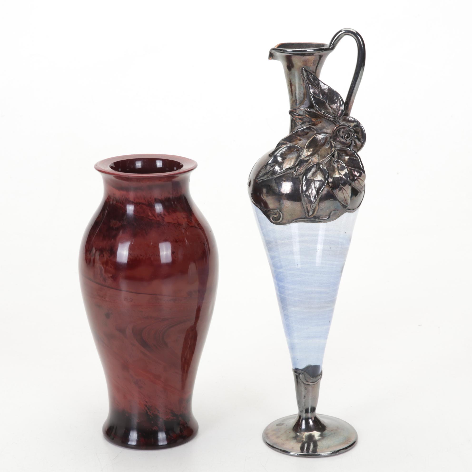 Detroit Glass Company Dish with Other Art Glass Vases and Ewer