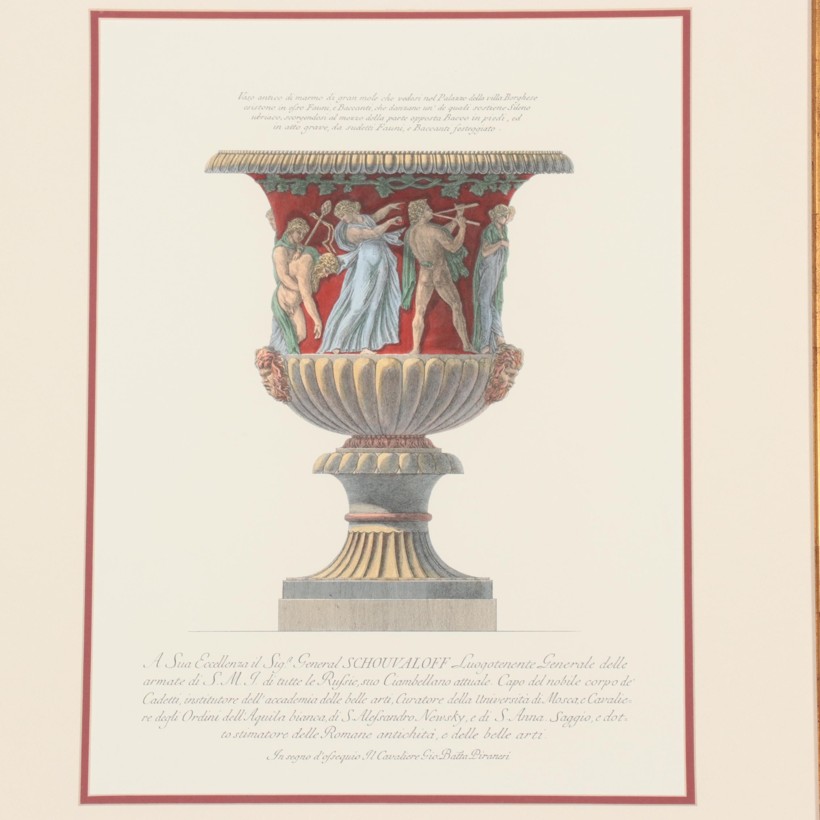 Hand-Colored Lithographs After Giovanni Battista Piranesi of Vases