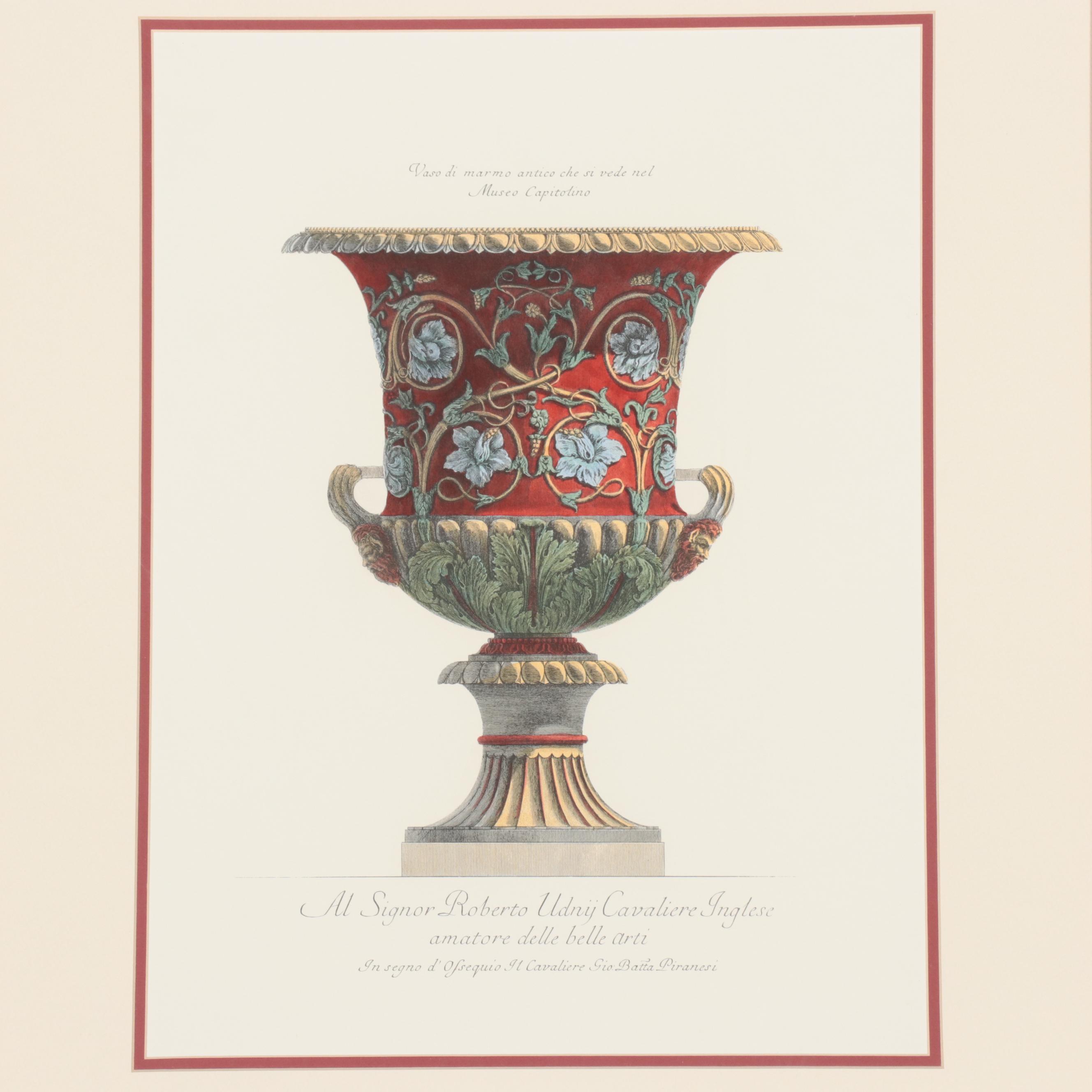 Hand-Colored Lithographs After Giovanni Battista Piranesi of Vases