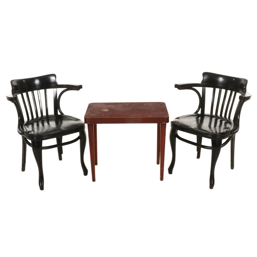 Pair of Ebonized Wooden Armchairs and Wooden Side Table