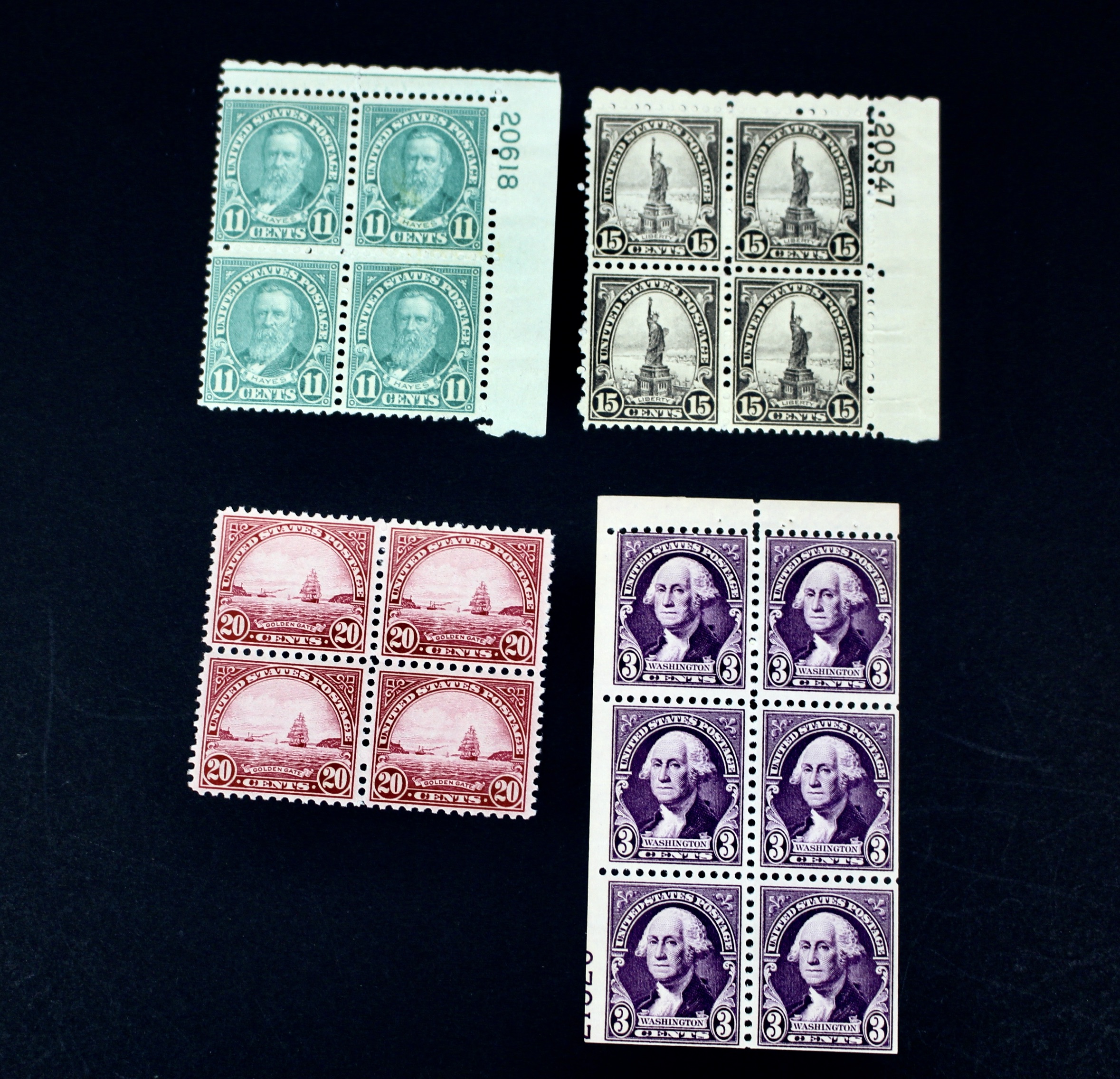 Four Mint Never Hinged U.S. Postage Stamp Blocks