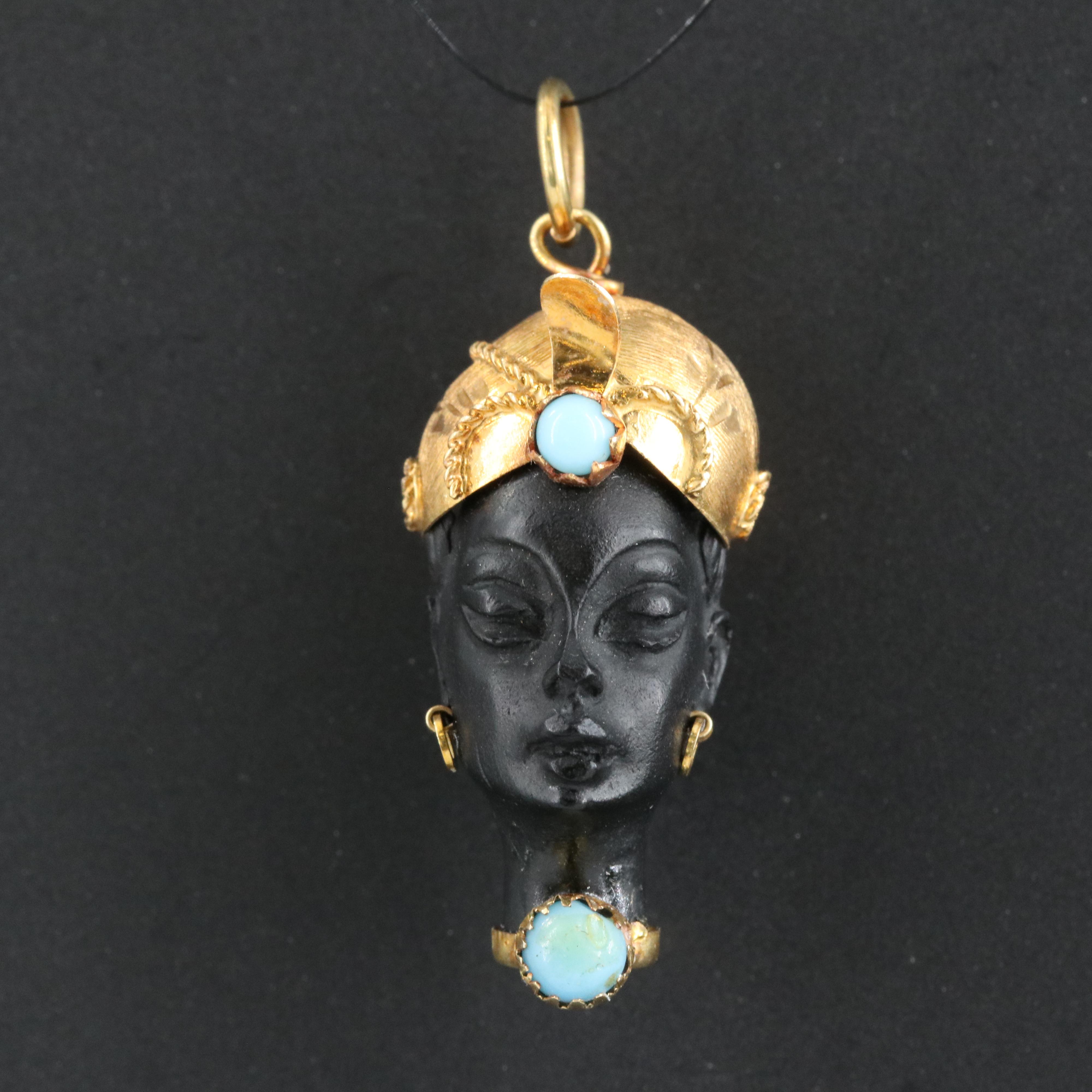 Vintage Moretto Blackamoor 18K Bust Pendant with Faux Turquoise