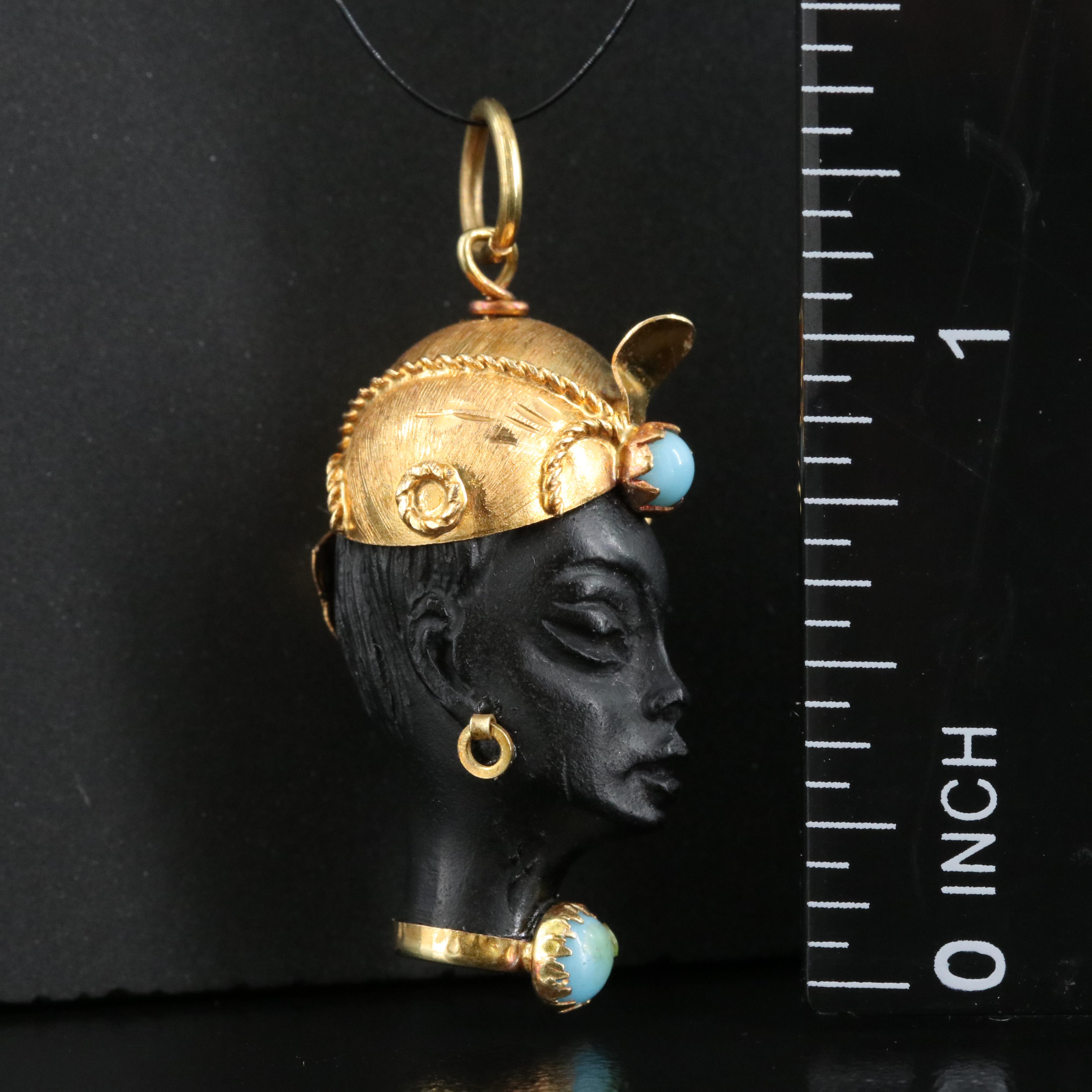 Vintage Moretto Blackamoor 18K Bust Pendant with Faux Turquoise