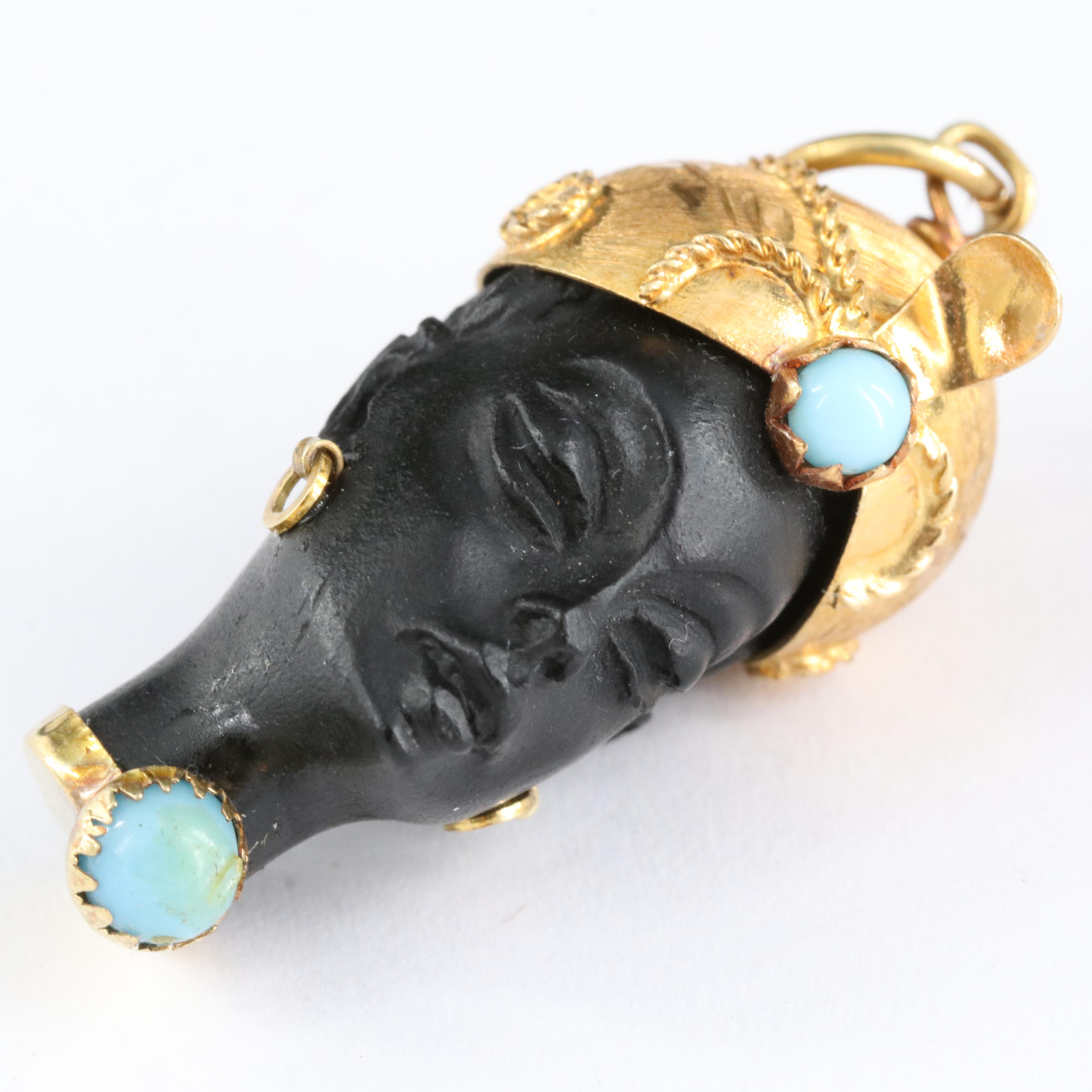 Vintage Moretto Blackamoor 18K Bust Pendant with Faux Turquoise