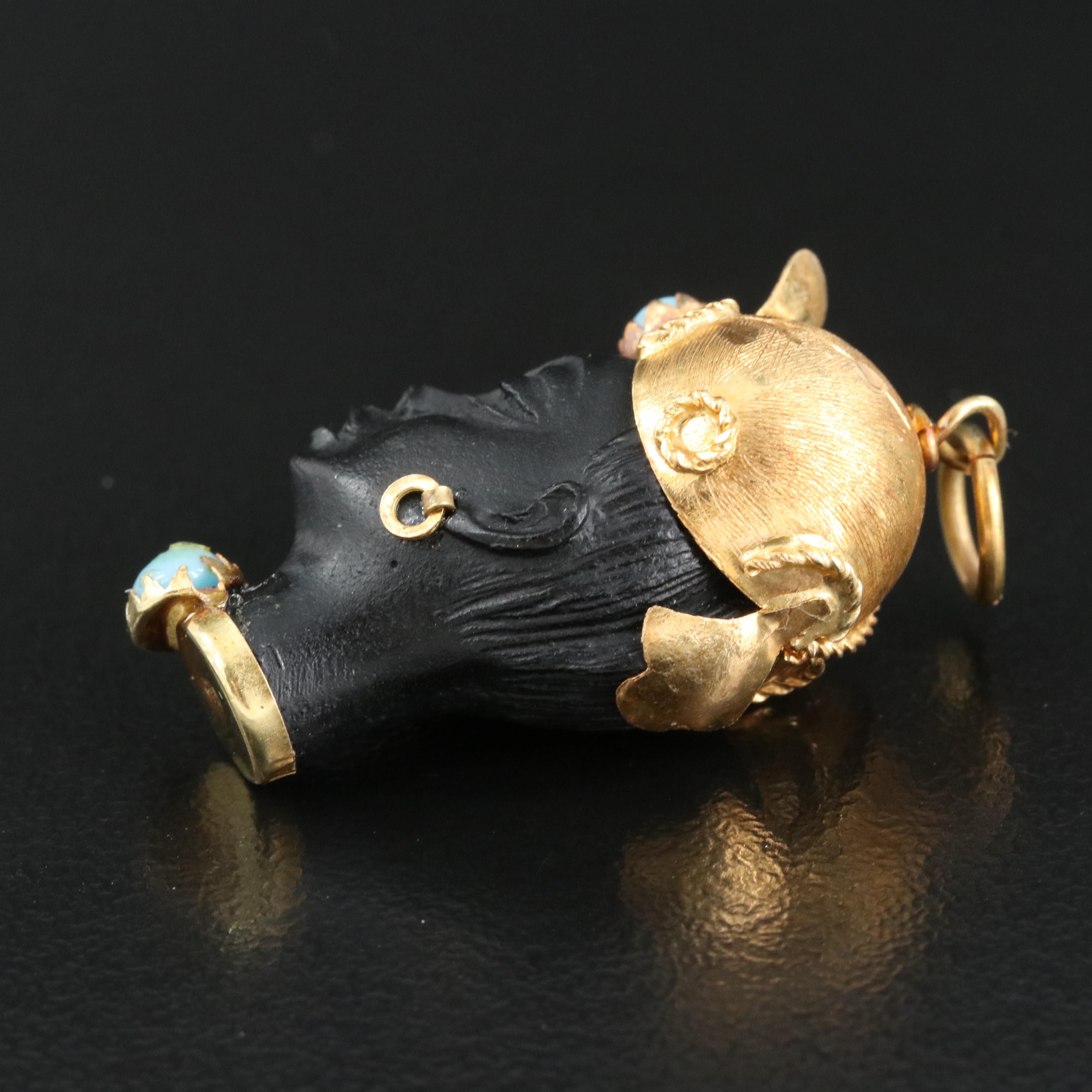 Vintage Moretto Blackamoor 18K Bust Pendant with Faux Turquoise