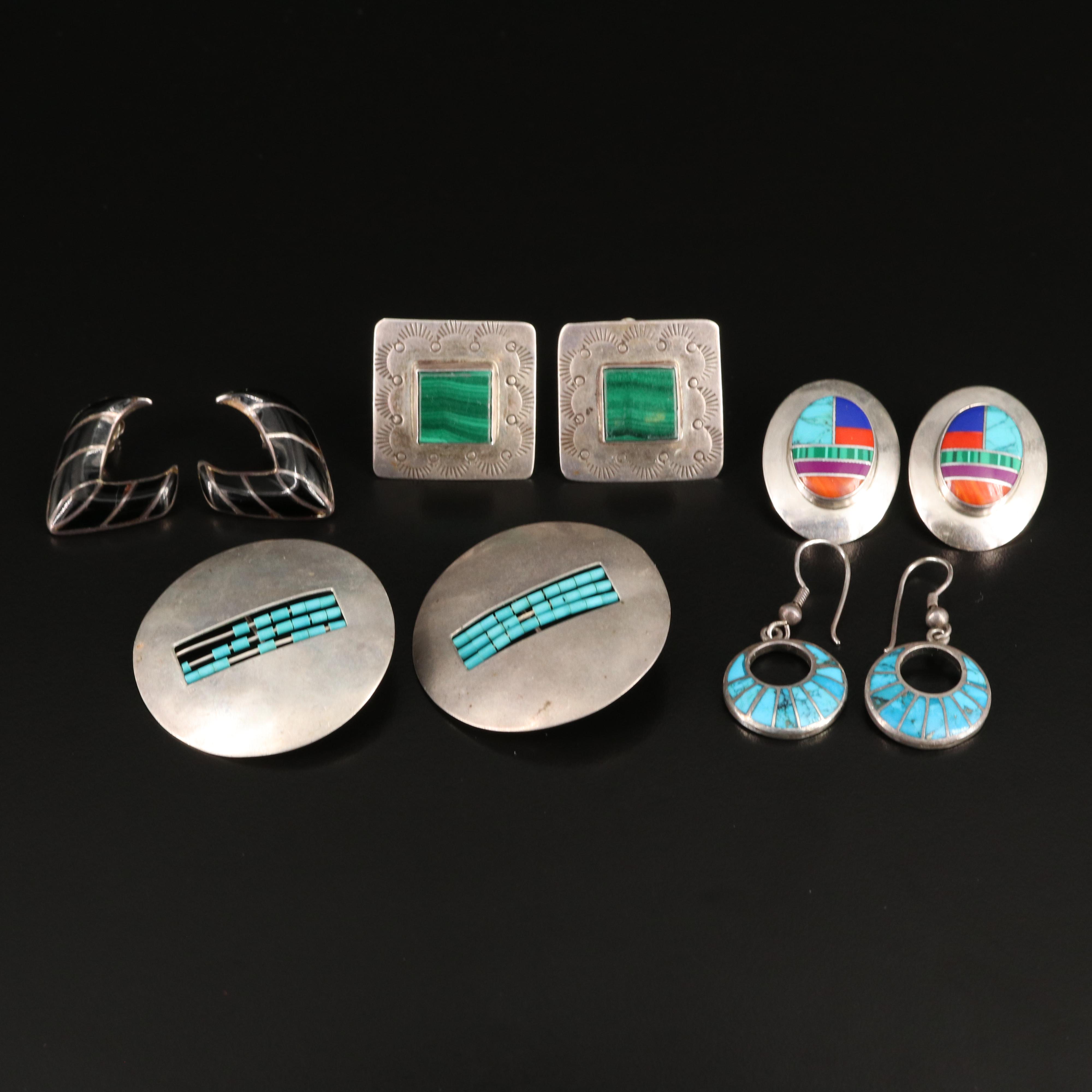 Southwestern Sterling Earrings Including Malachite and Spiny Oyster