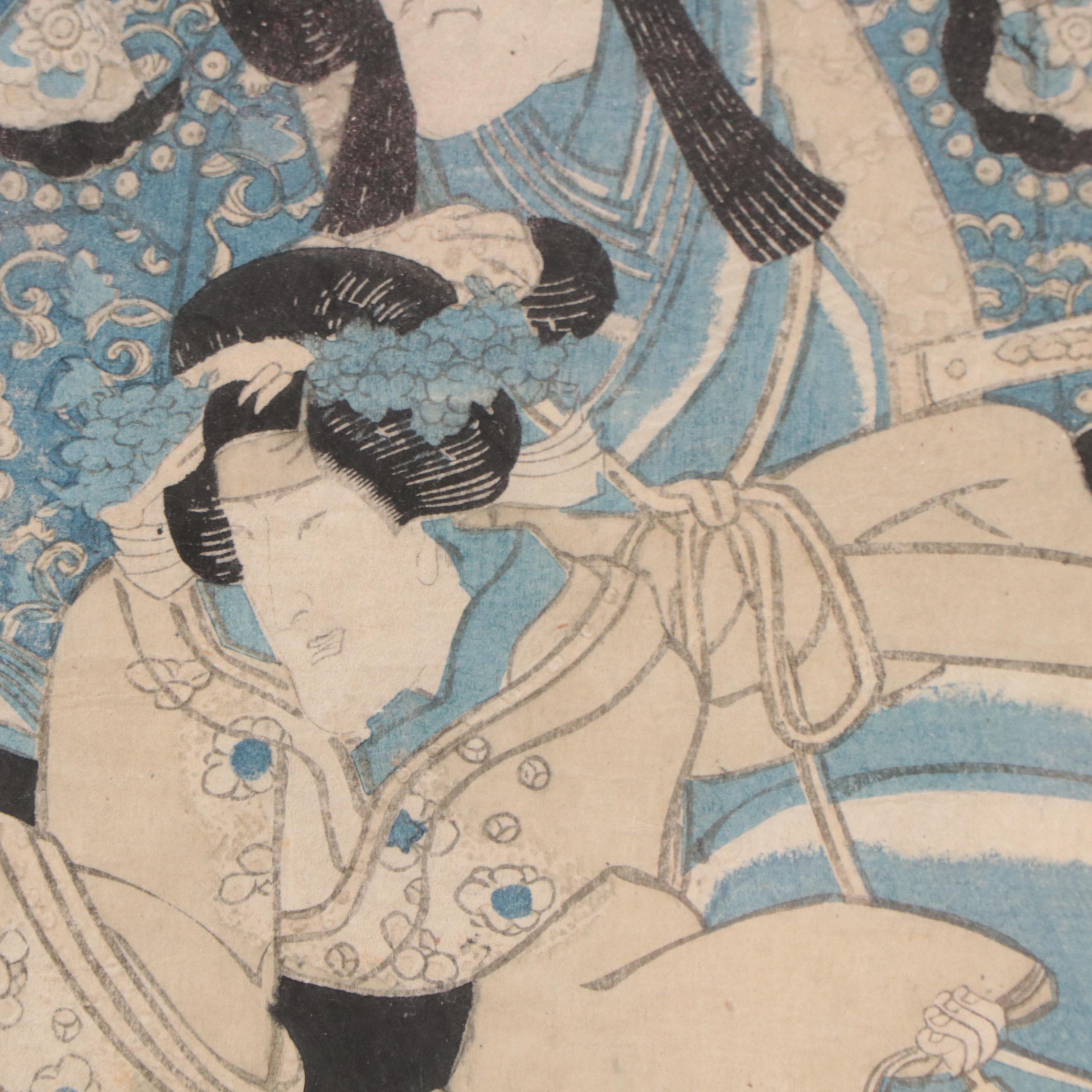 Utagawa Kuniyoshi Woodblock of Kabuki Actors, Circa 1835