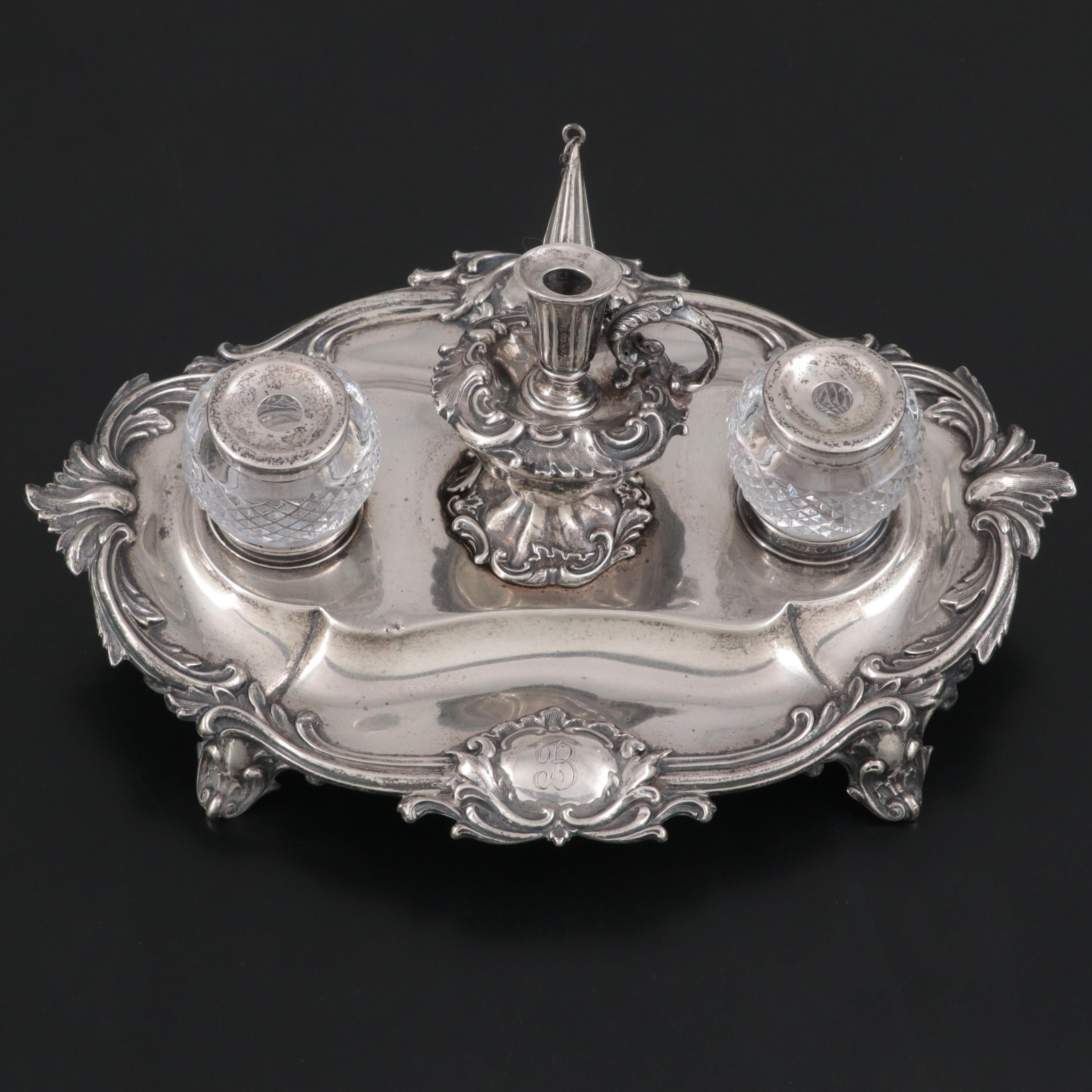 Henry Wilkinson & Co. Baroque Revival Sterling Silver Double Inkwell Stand, 1882