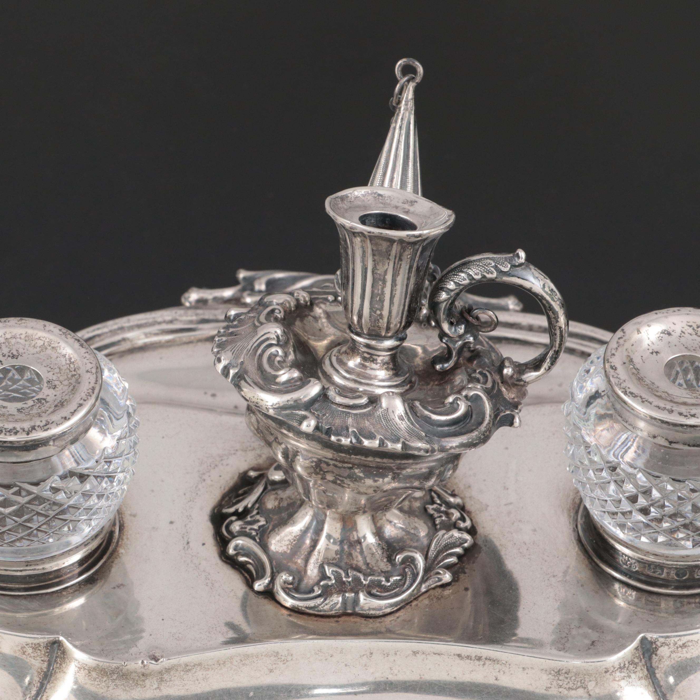 Henry Wilkinson & Co. Baroque Revival Sterling Silver Double Inkwell Stand, 1882