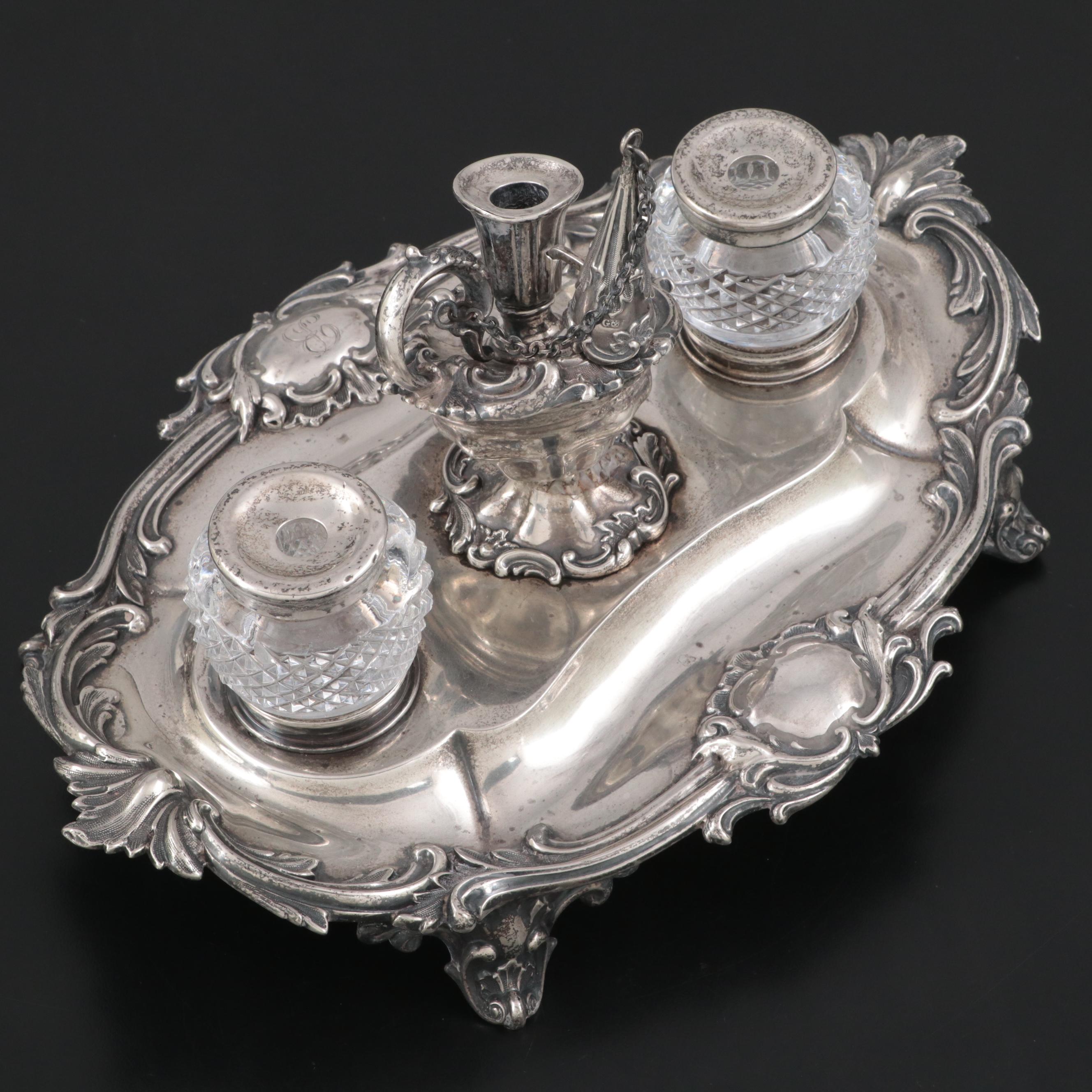 Henry Wilkinson & Co. Baroque Revival Sterling Silver Double Inkwell Stand, 1882