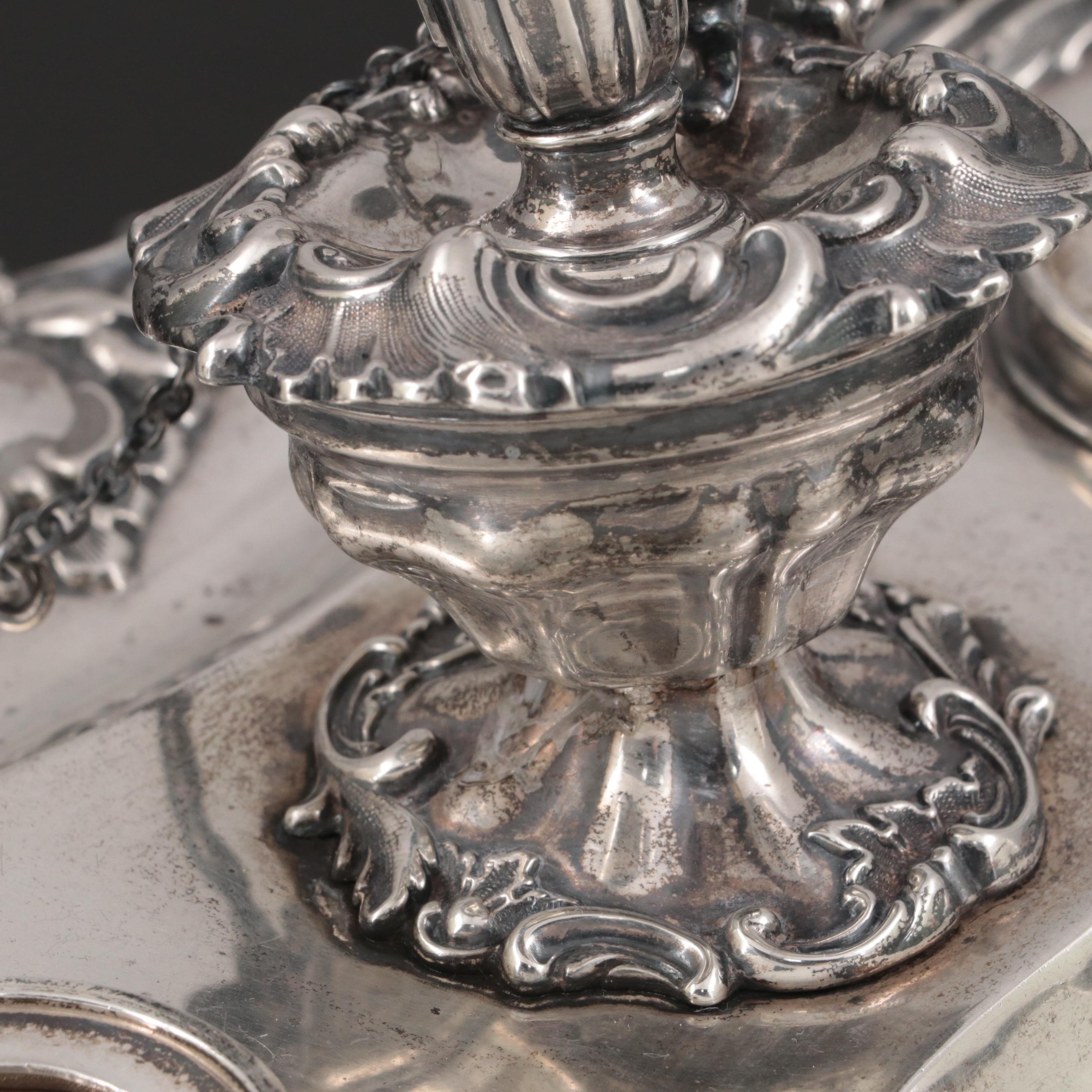 Henry Wilkinson & Co. Baroque Revival Sterling Silver Double Inkwell Stand, 1882