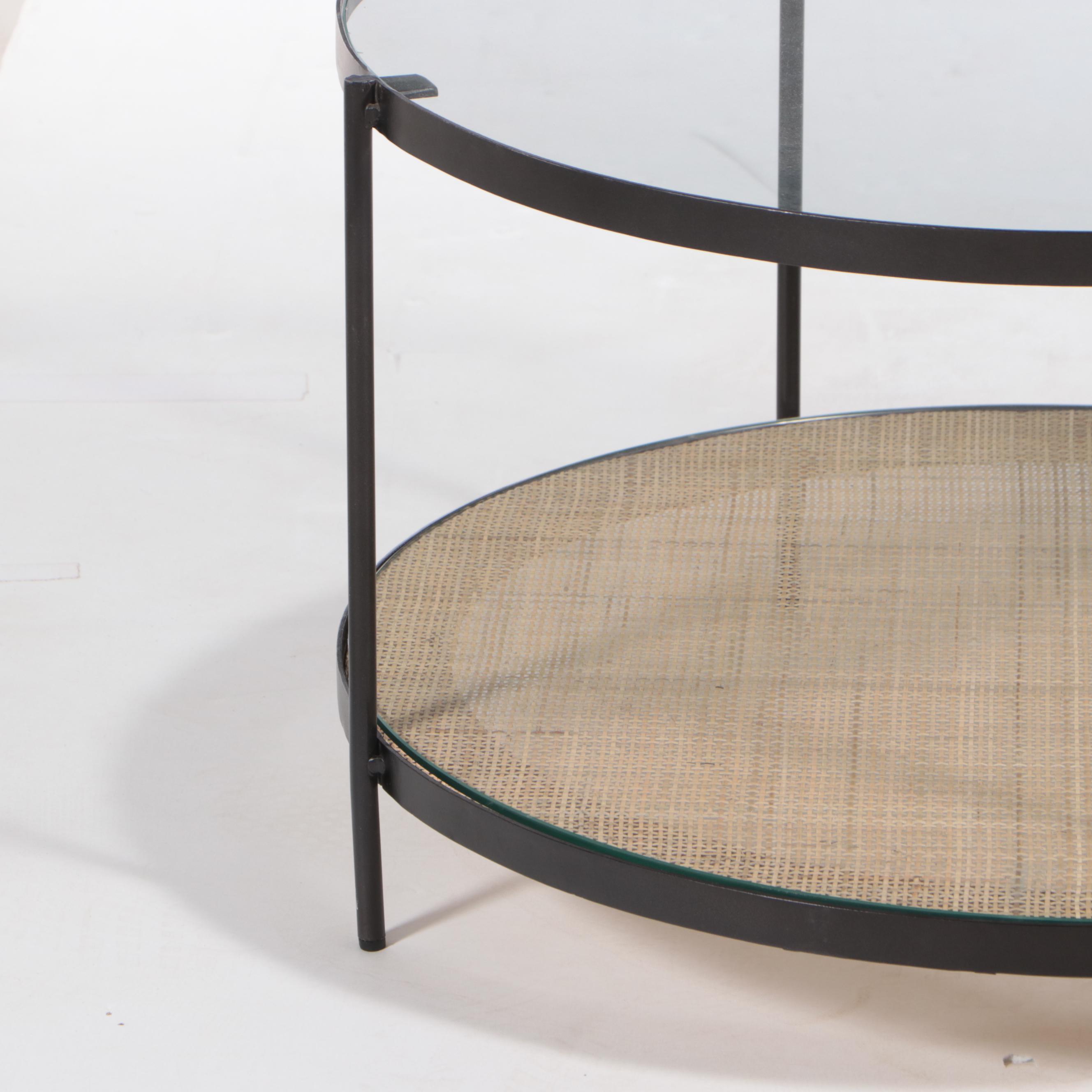 Modernist Style Metal, Glass and Cane Circular Coffee Table