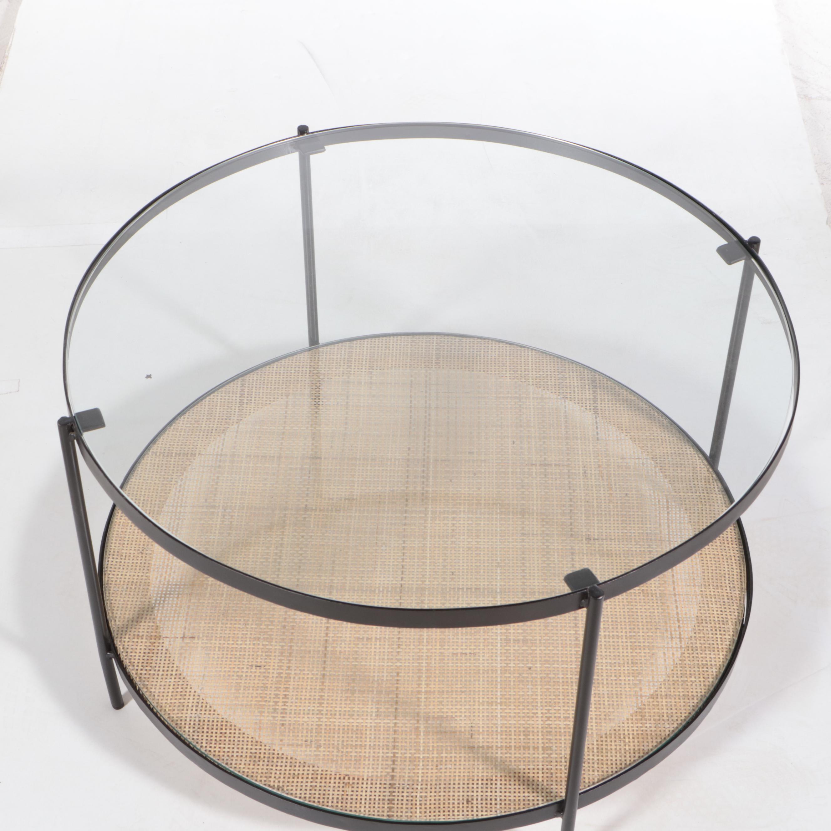 Modernist Style Metal, Glass and Cane Circular Coffee Table