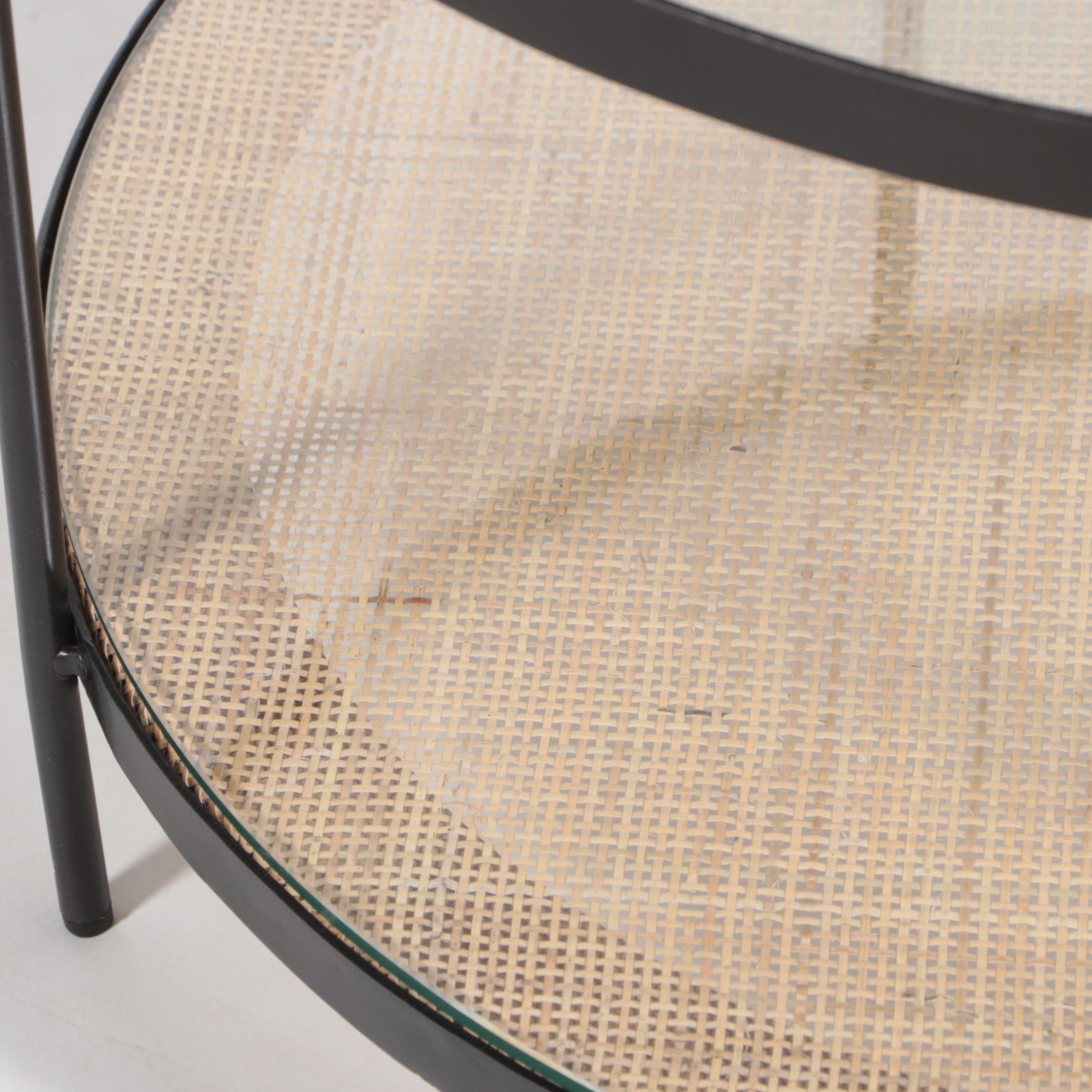 Modernist Style Metal, Glass and Cane Circular Coffee Table