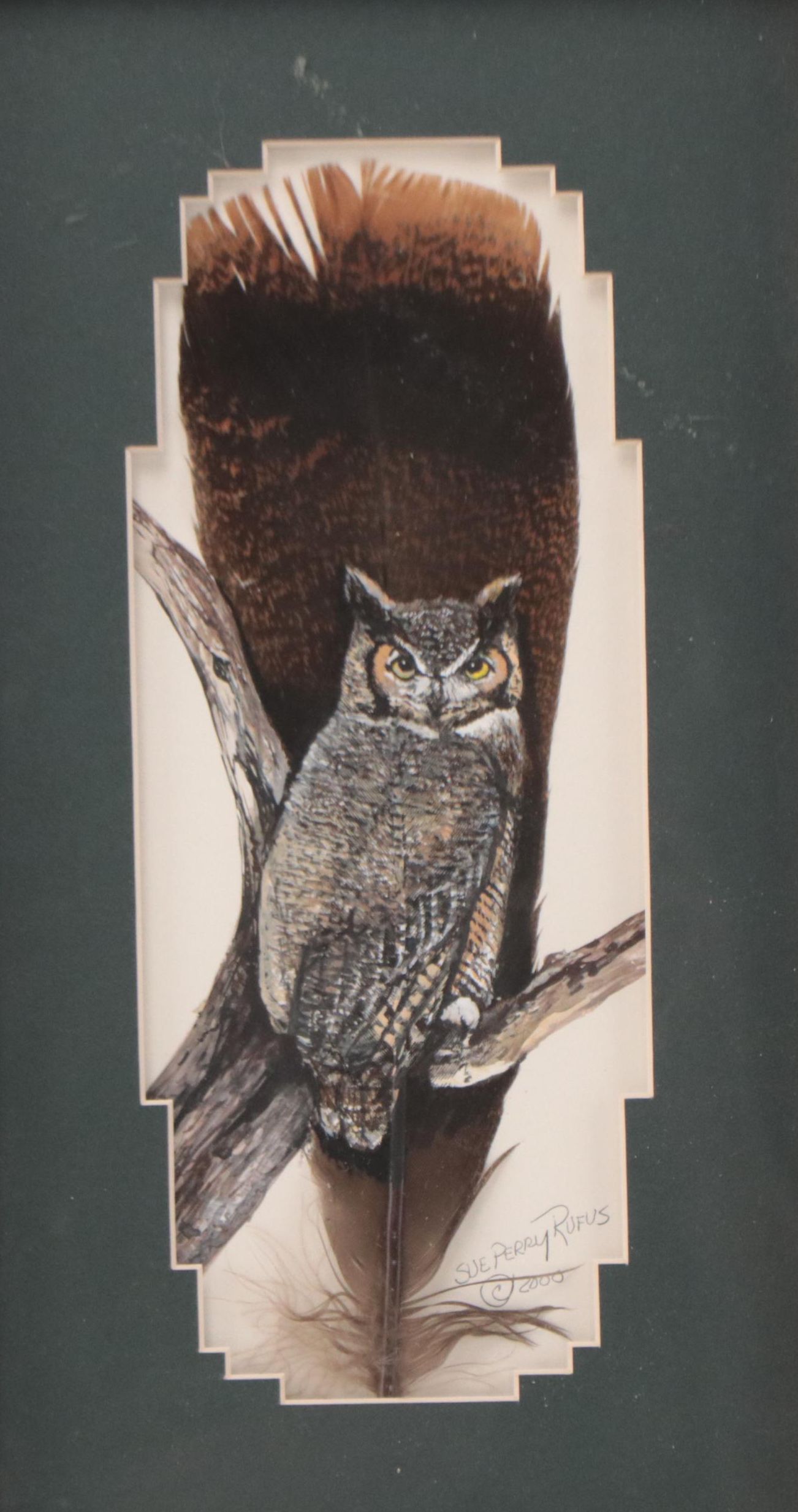 Sue Perry Rufus Acrylic Painting of Owl on Feather, 2000