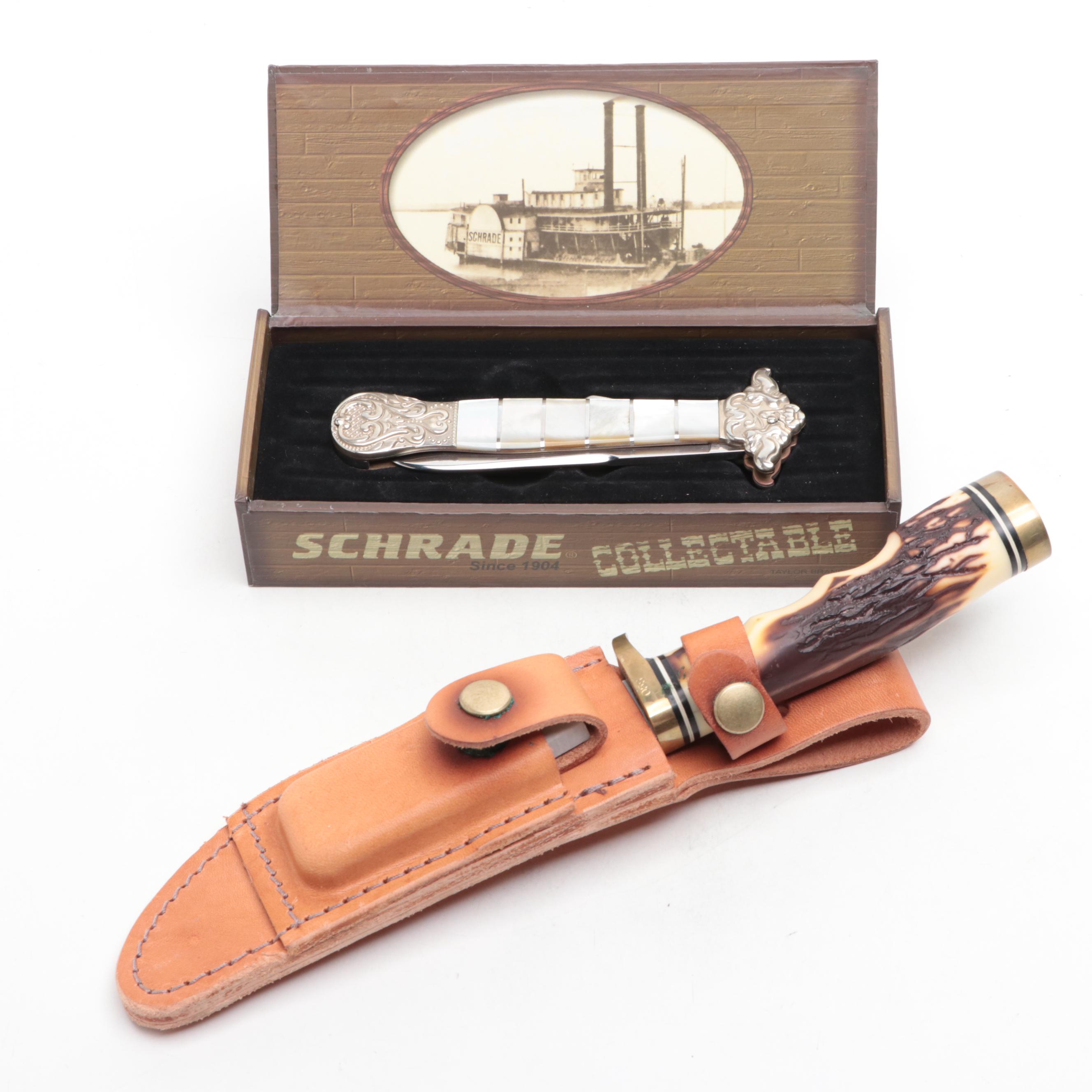 Schrade "Golden Spike" Fixed Blade Knife and Mother-of-Pearl Folding Knife