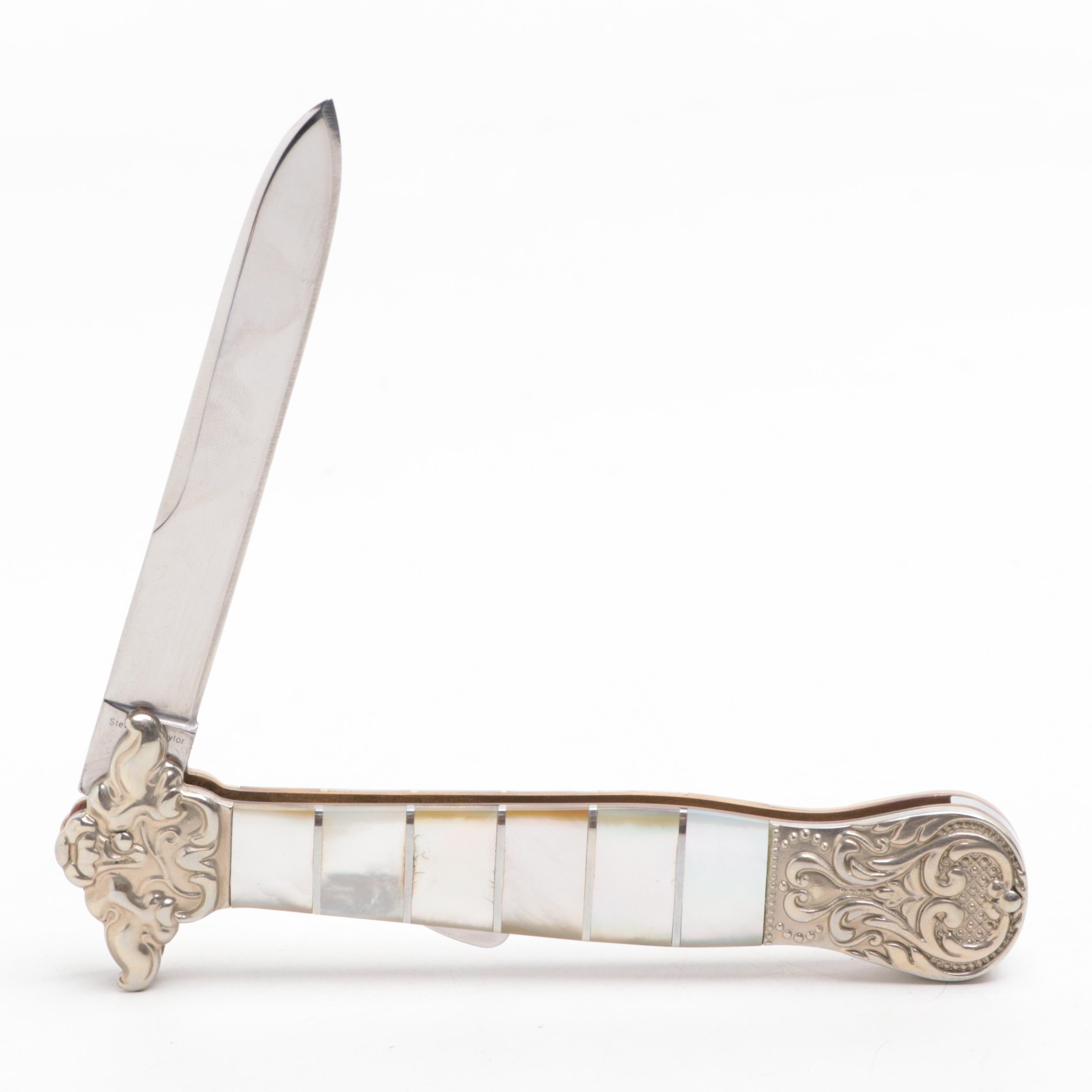 Schrade "Golden Spike" Fixed Blade Knife and Mother-of-Pearl Folding Knife