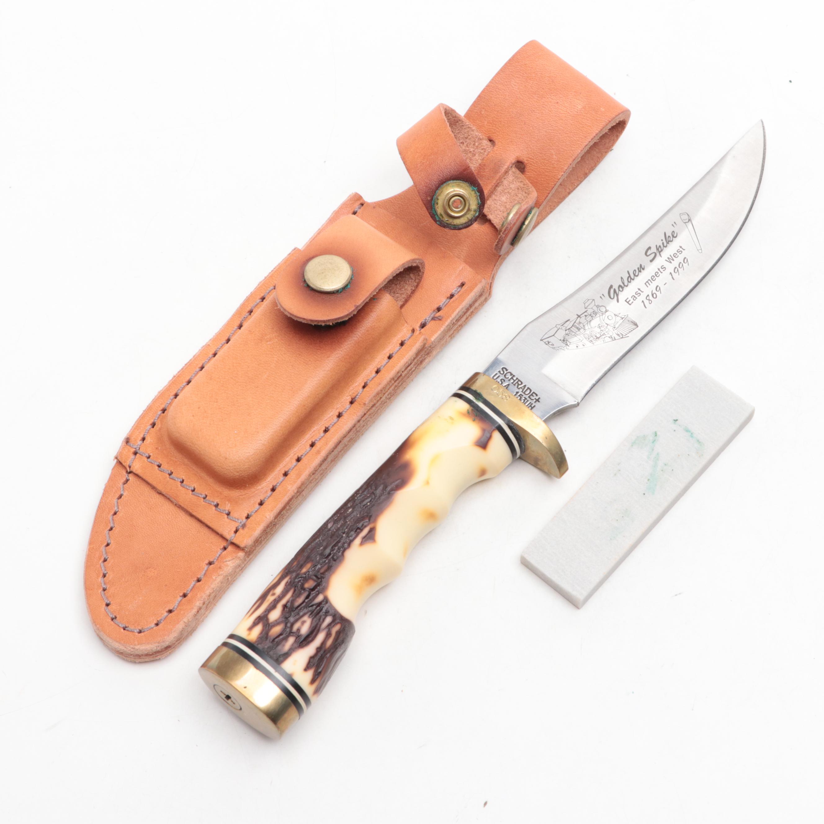 Schrade "Golden Spike" Fixed Blade Knife and Mother-of-Pearl Folding Knife