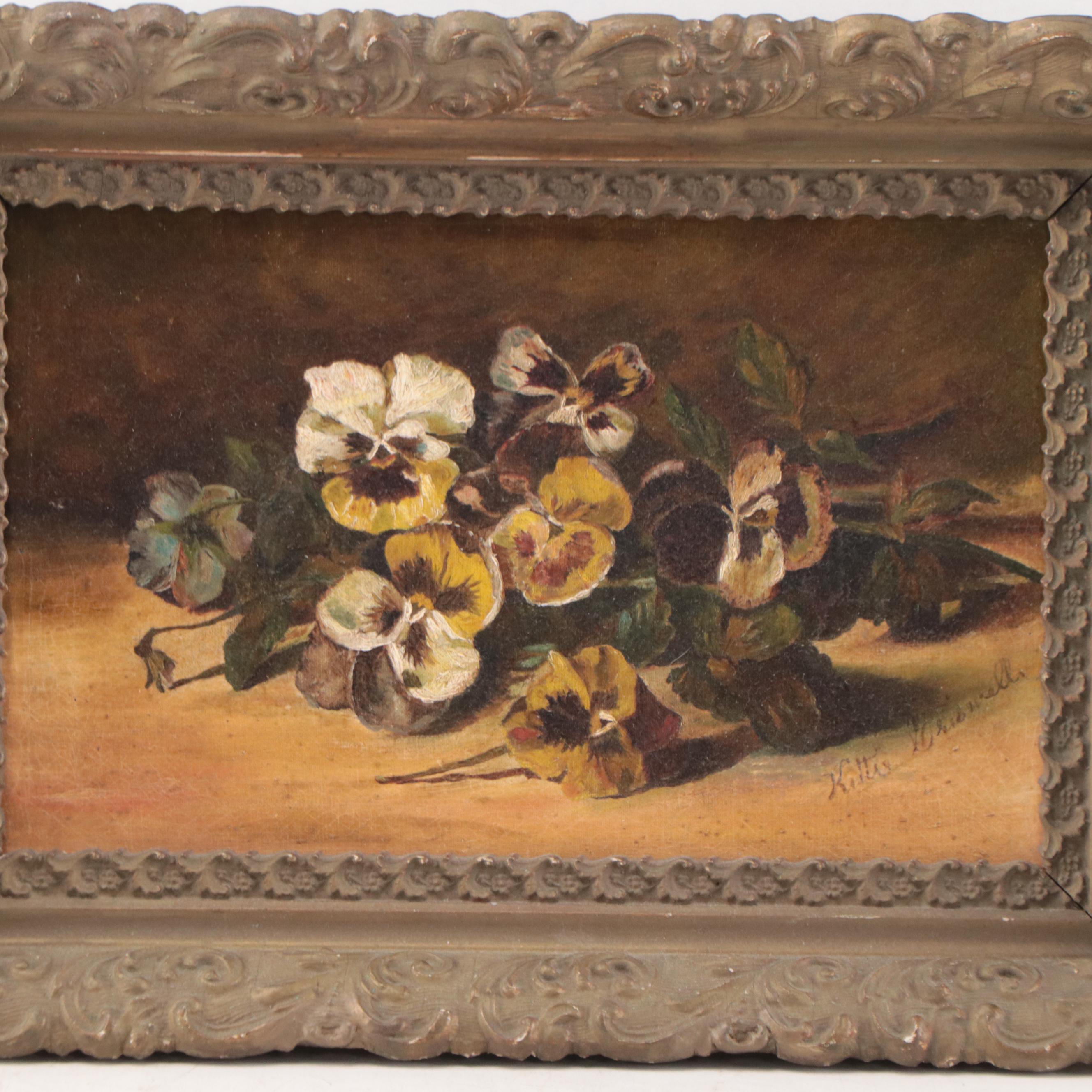 Kittie Griswell Floral Still Life Oil Painting of Pansies, Circa 1900