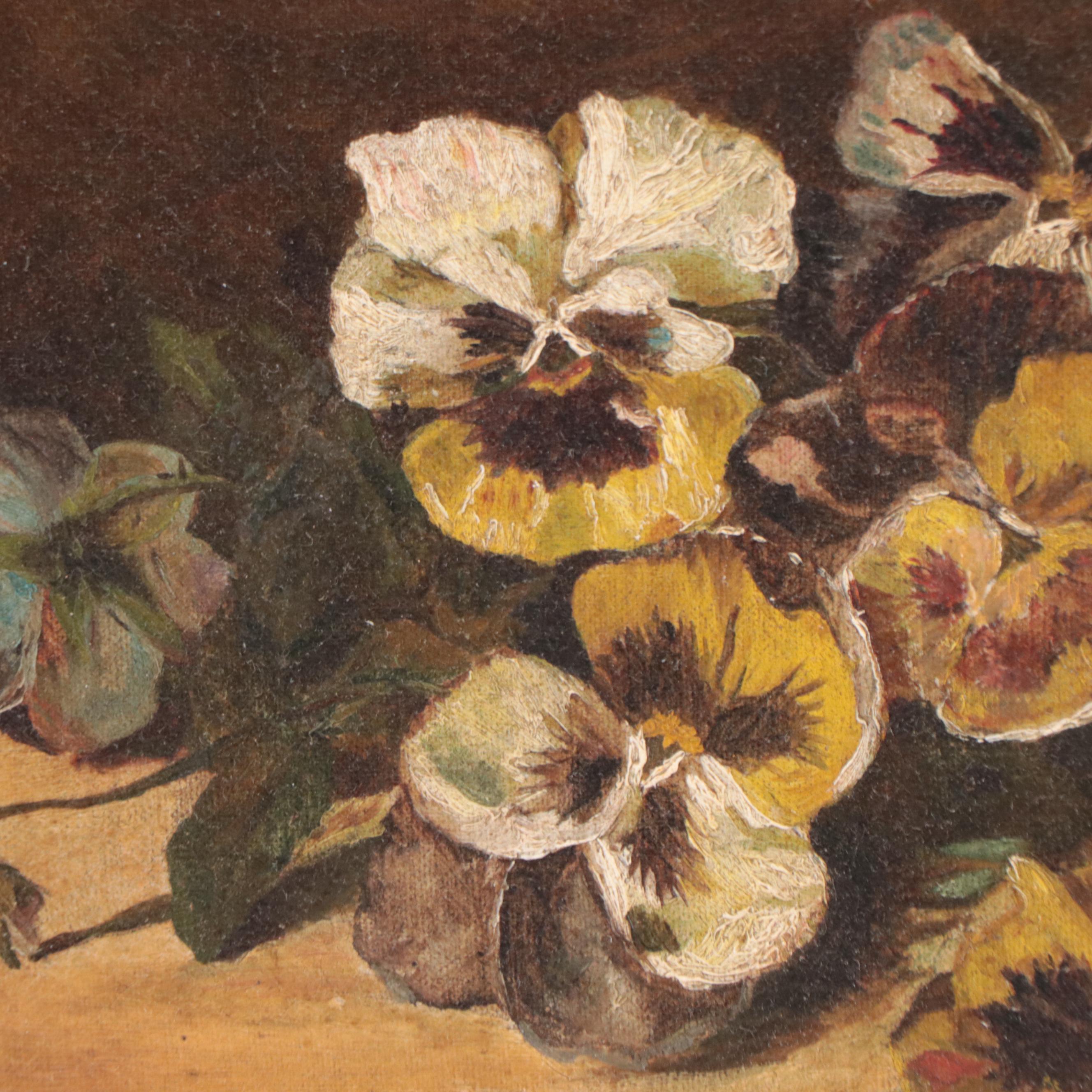 Kittie Griswell Floral Still Life Oil Painting of Pansies, Circa 1900